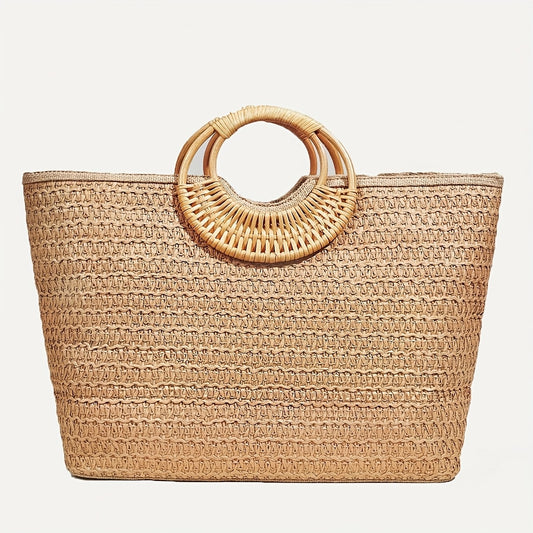 Sac Cabas Femme Brodé et Perlé à Motif Floral – Poignée Tressée, Grande Capacité, Style Décontracté Plage et Vacances, Bandoulières Fixes, Fermeture Éclair, Doublure en Polyester, Multicolore