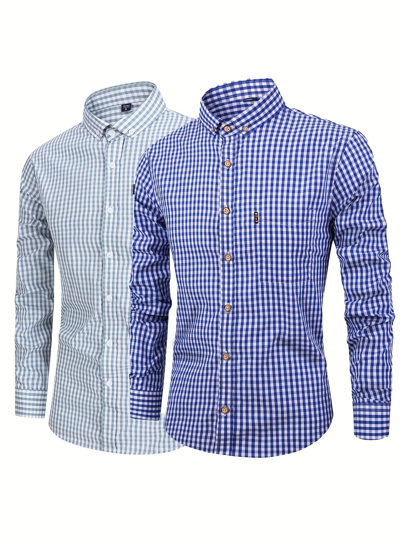 Men's cotton plaid casual long sleeve shirt; 2pcs
