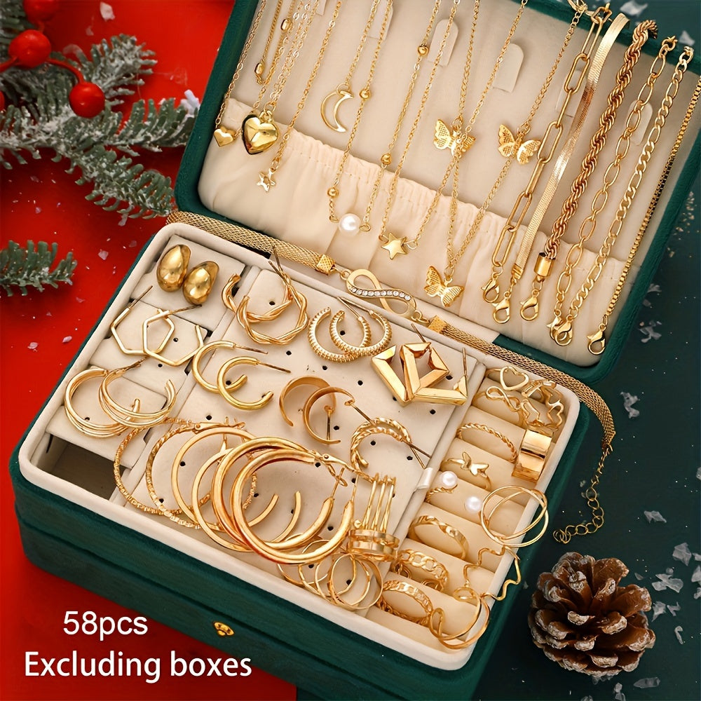 Ensemble de 58 pièces de bijoux femme, collier cœur et papillon, boucles d’oreilles, bracelet et bague avec zirconia synthétique et perles, thème Noël, élégant et polyvalent