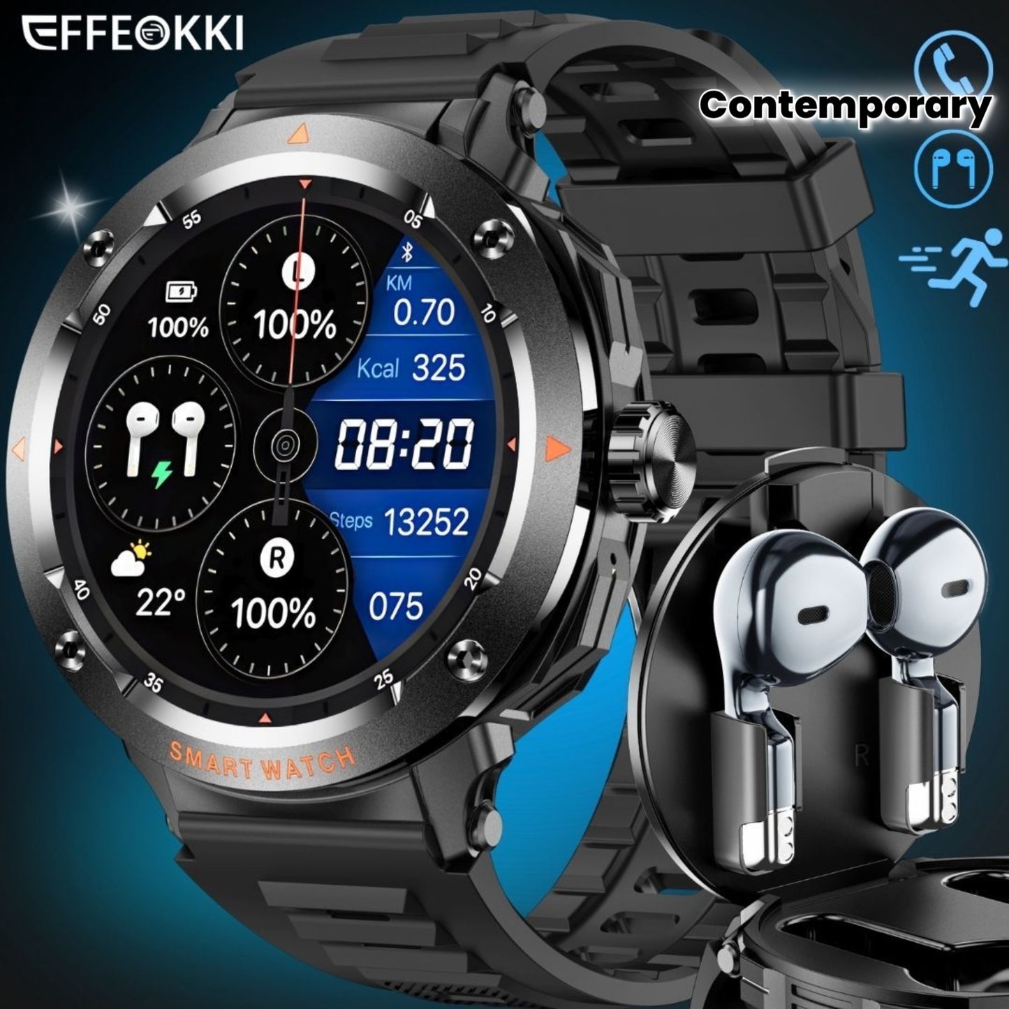 FFEOKKI TWS 2-in-1 Smartwatch with Earbuds - Zinc Alloy Bezel, 3.71cm Round Display, Wireless Call Function, Music Playback, NFC, Multiple Sports Modes, Fitness Tracking, Compatible with iPhone Android Smartphone, Activity Mo