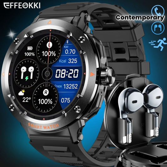 FFEOKKI TWS 2-in-1 Smartwatch with Earbuds - Zinc Alloy Bezel, 3.71cm Round Display, Wireless Call Function, Music Playback, NFC, Multiple Sports Modes, Fitness Tracking, Compatible with iPhone Android Smartphone, Activity Mo