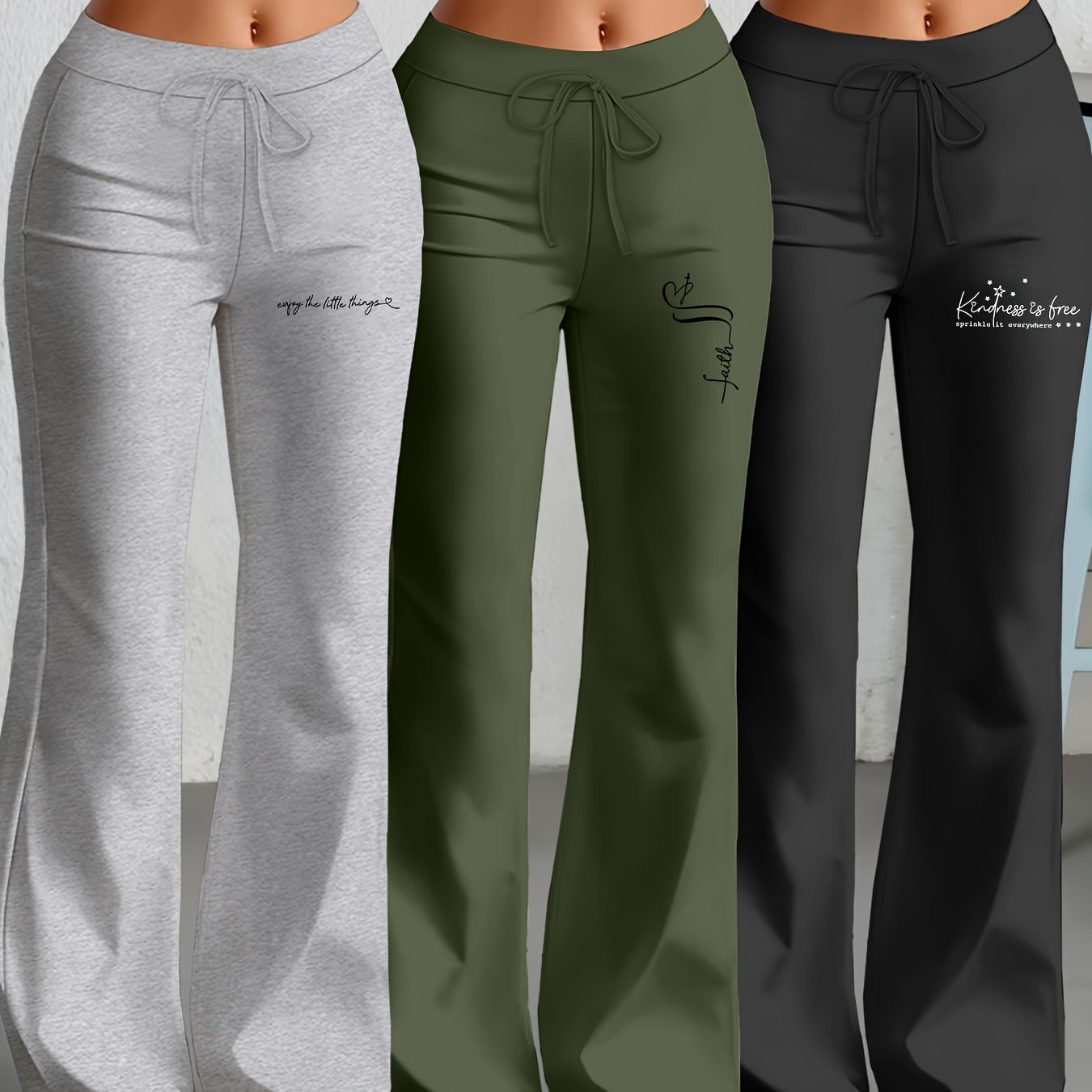 Lot de 3 Pantalons Femme Européens et Américains – Jambe Droite Évasée avec Texte Anglais Classique