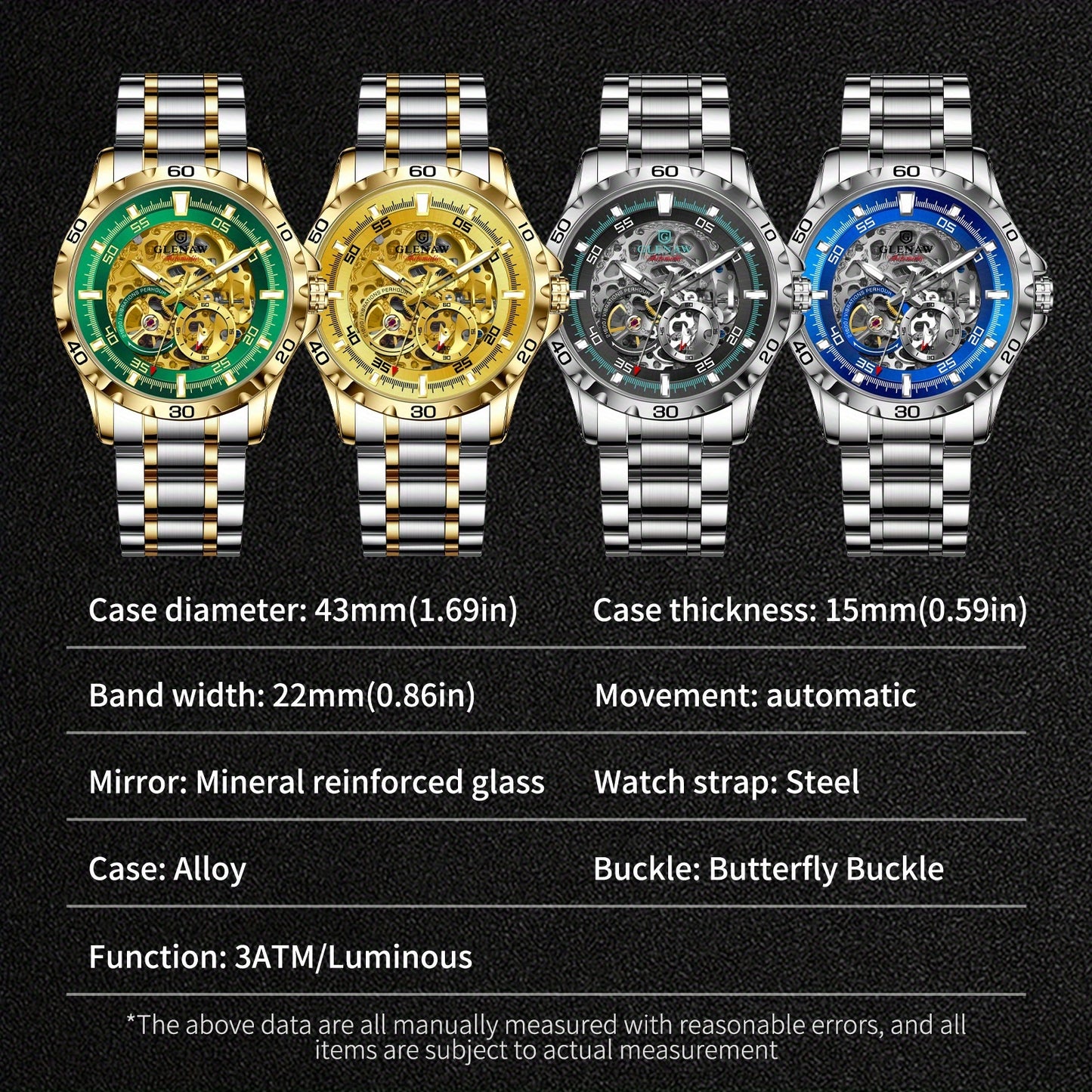 Men'S Automatic Watch with Flying Tourbillon Rotating Skeleton Mechanism - Stainless Steel Strap, Golden-Tone Dial, Mechanical Self-Winding Movement, Without Battery, Casual Style, Pointer Display