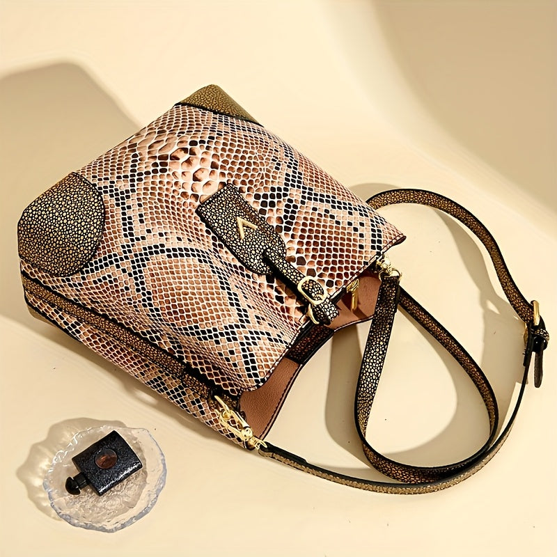 Sac à Épaule Élégant Femme – Imprimé Serpent Marron et Beige, Fermoir Rond Métallique Stylé, Poches Zippées, Bandoulière Amovible, Doublure Polyester, Accessoire Mode | Design Imprimé Serpent | Fermeture Zippée