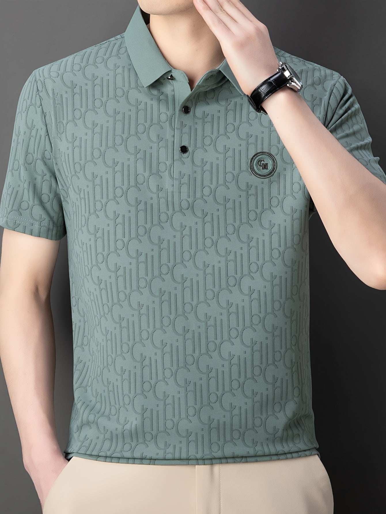 Men'S Breathable Summer Graphic T-Shirt - Short Sleeve, Button-Up Collar, Casual Streetwear with Stylish "H" Print Design, Lightweight Polyester Fabric for Golf, Tennis & Weekend Outing