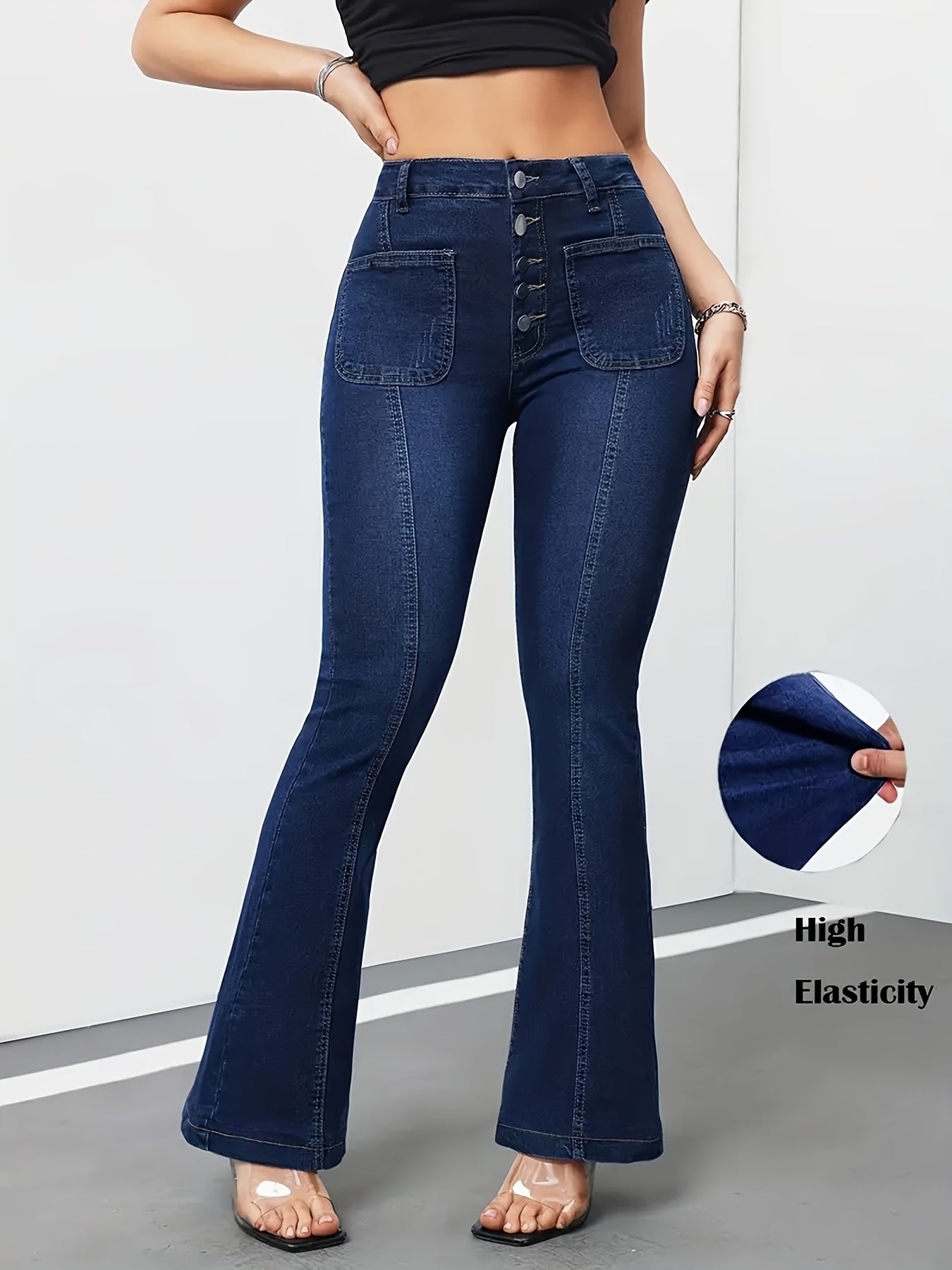 Jeans Femme Extensible Slim-Fit Taille Haute Boutons Micro Évasé Couleur Unie Toute Saison Lavable Confortable Élégant
