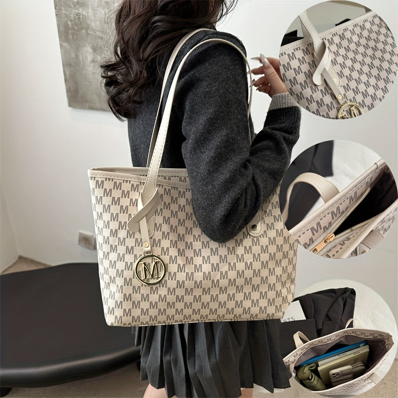 Sac à Main Femme Élégant – Imprimé Géométrique, Cuir Synthétique, Sangle Chaîne Dorée, Logo "M", Grand Sac Tote avec Compartiments Multiples, Fermeture Éclair, Convertible Bandoulière/Épaule, Idéal Usage Quotidien (Copie)