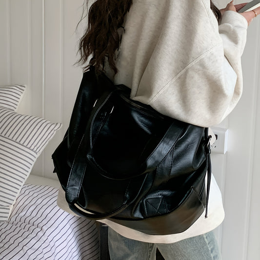 Sac fourre-tout grande capacité noir en PU – bandoulière et crossbody polyvalent, multiples compartiments, sangle réglable, idéal pour voyage et usage quotidien