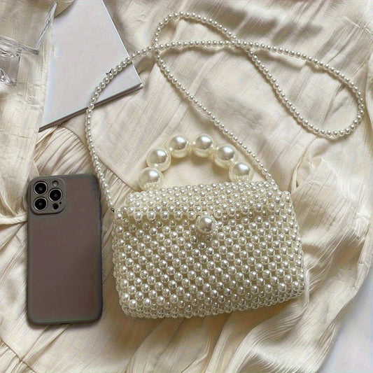 Sac à main femme chic perlé – Tissé à la main, multi-usage pour téléphone, shopping et soirées, sac fourre-tout/épaule, poignée en perles