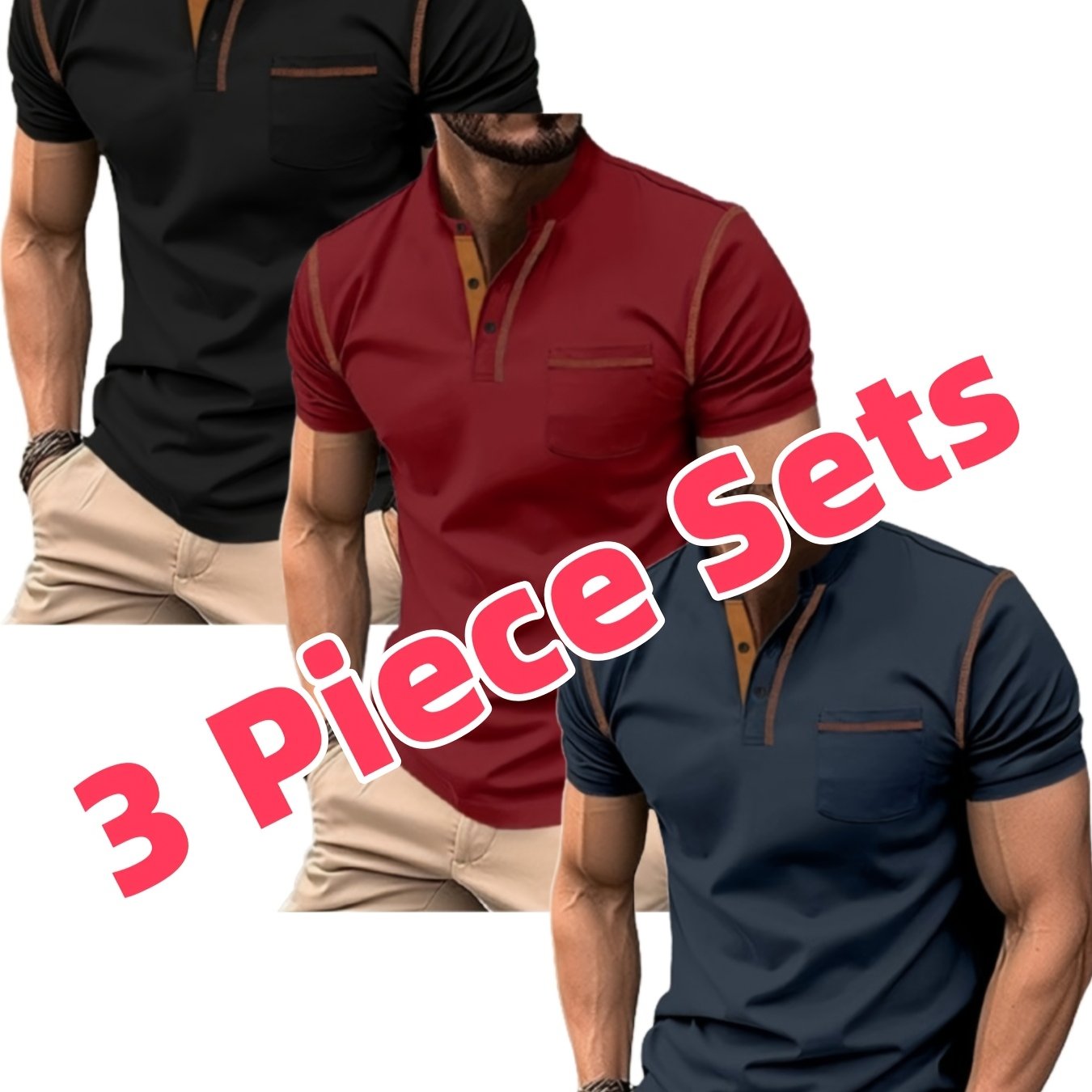 Lot de 3 Henley Manches Courtes – Tops Casual Golf & Tennis