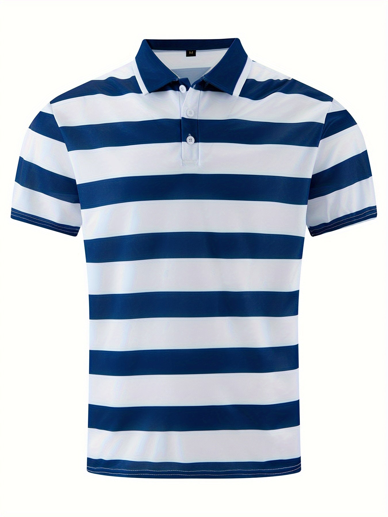 Men'S Summer Casual Striped Polo Shirt, 100% Polyester Knit Fabric, Slight Stretch, Regular Fit, Lapel Collar, Button Detail, 180g/m² - Fashionable Short Sleeve Top for Summer Season