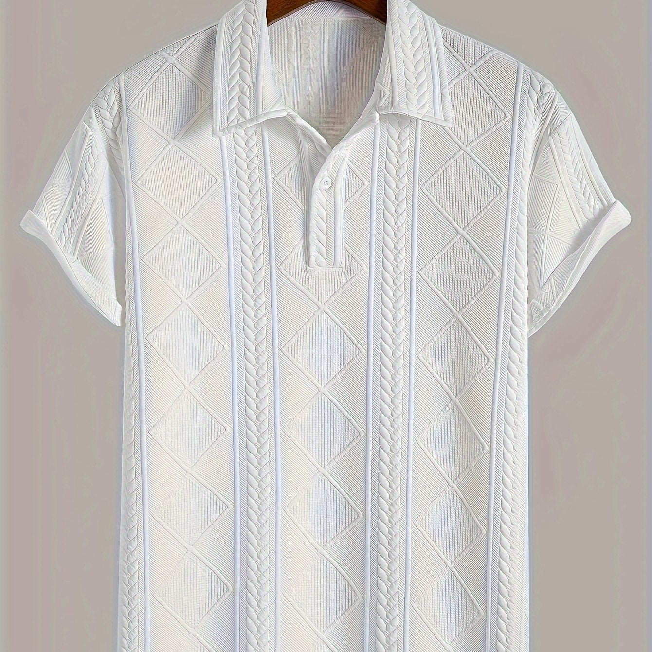 Men'S Stylish Knitted Texture Polo Shirt with Wheat Ear Geometric Pattern, Made from Skin-Friendly Material, Featuring a 4/1 Button Half Placket, Perfect for Casual Wear, Simple And Versatile for Commuting, Trendy And Fashion