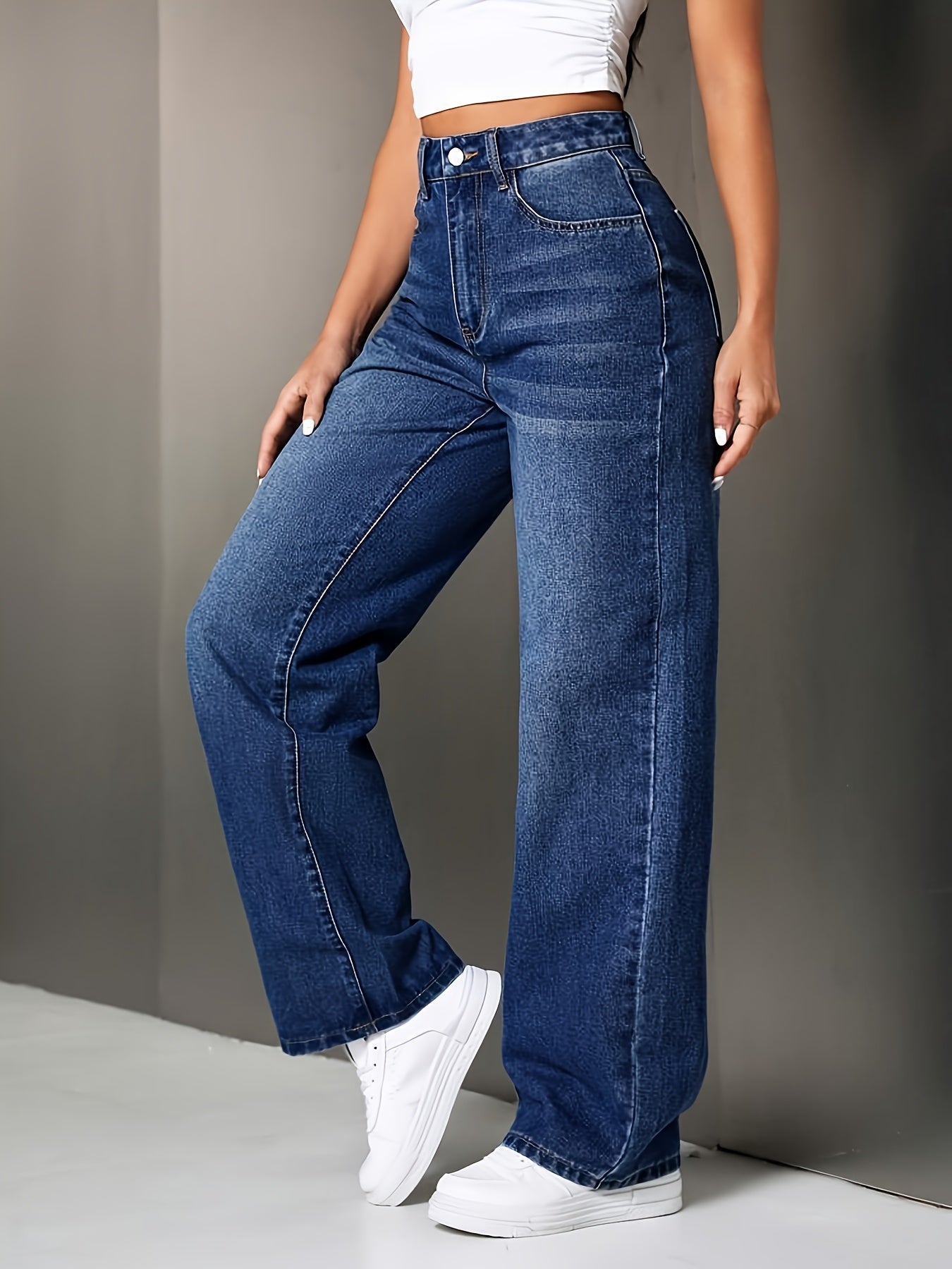 Pantalon Femme Taille Haute Jambe Large Extensible Sans Ceinture Taille Mi-Haute Jambe Droite Toute Saison Bleu Élégant