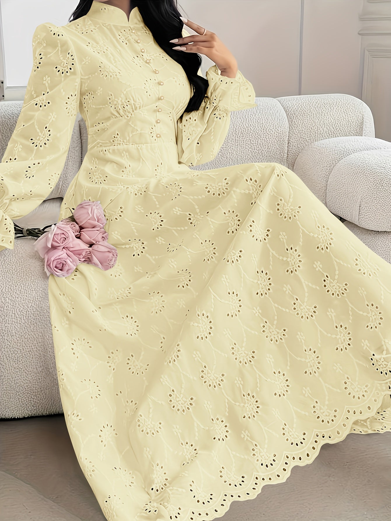 Women'S French Embroidered Stand Collar Puff Sleeve Dress Featuring a Ruffled Design, Suitable for Dates, Vacations, Parties, And Everyday Commuting.