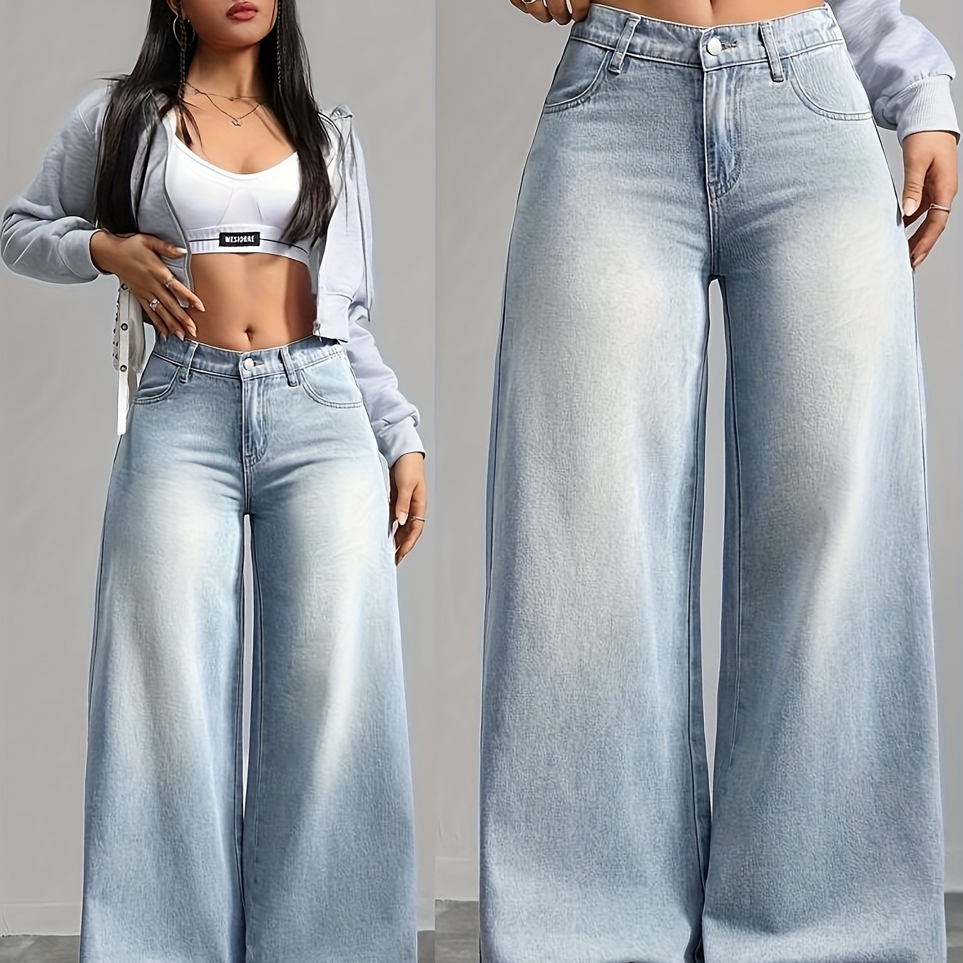 Jeans Femme Décontracté – Jambe Droite, Effet Usé