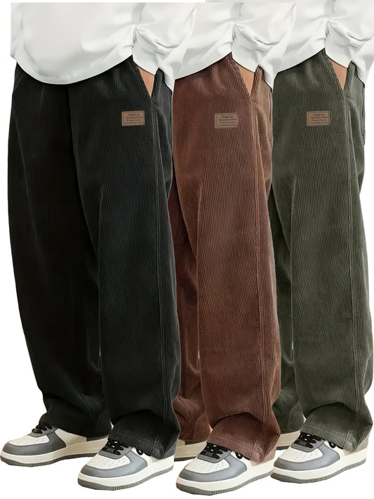 Lot de 3 Pantalons Vintage Homme – Coupe Ample Jambe Droite, Noir/Marron/Vert Olive – Pantalons Toutes Saisons Sans Stretch pour Usage Quotidien, Sorties, Randonnée – Style Classique Polyvalent, Casual & Semi-Formel