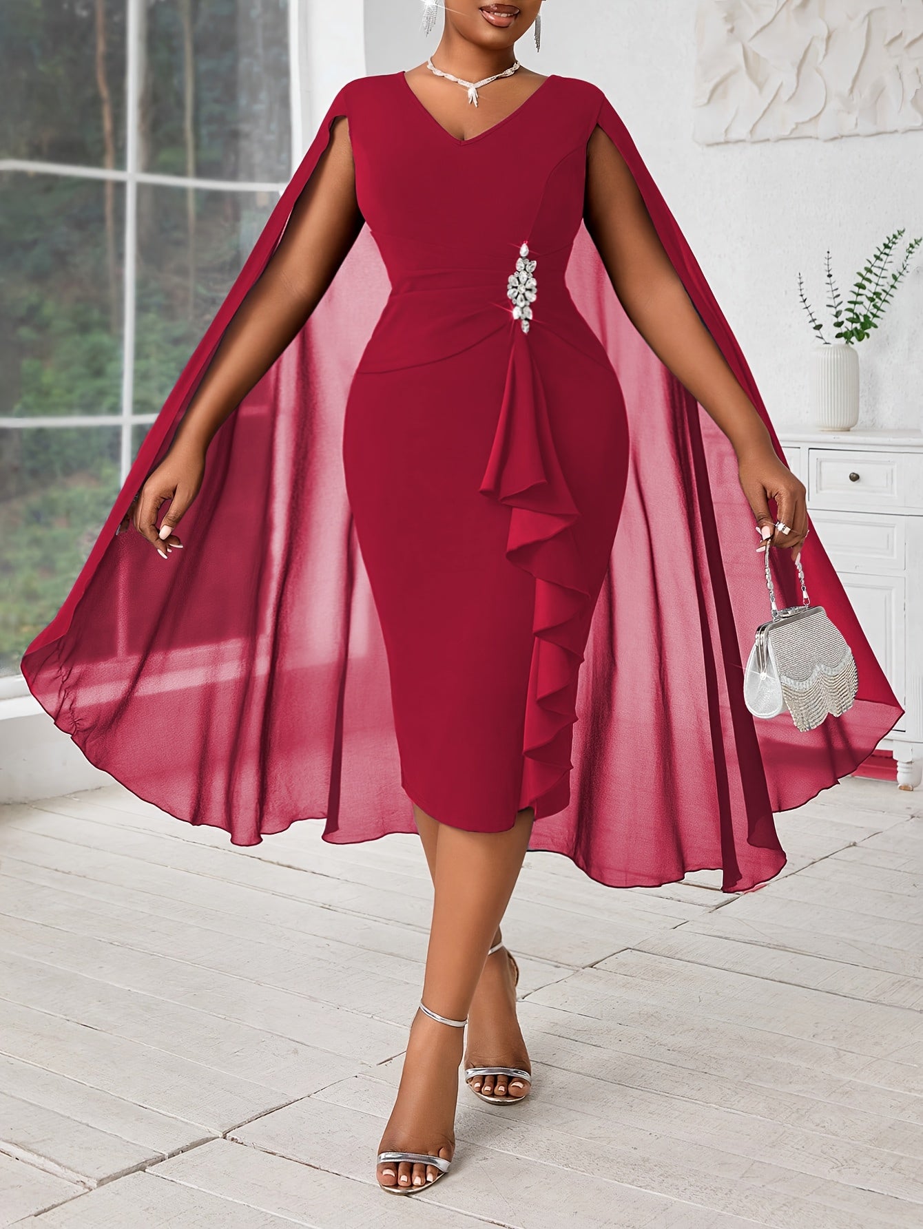 Robe Grande Taille Élégante – Manches Chauve-Souris, Détails en Mesh, Style Cache-Cœur, Mode et Confort