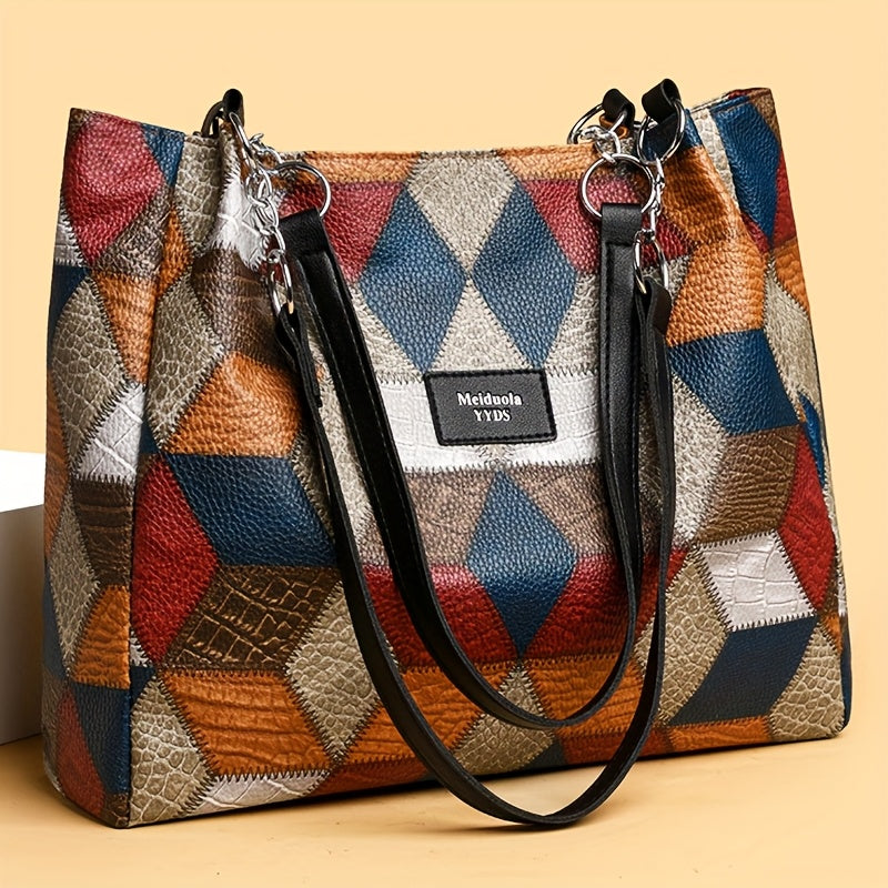 Grand sac fourre-tout pour femmes – motif géométrique à carreaux, multicolore, fermeture zippée, bandoulière fixe, parfait voyage et usage quotidien
