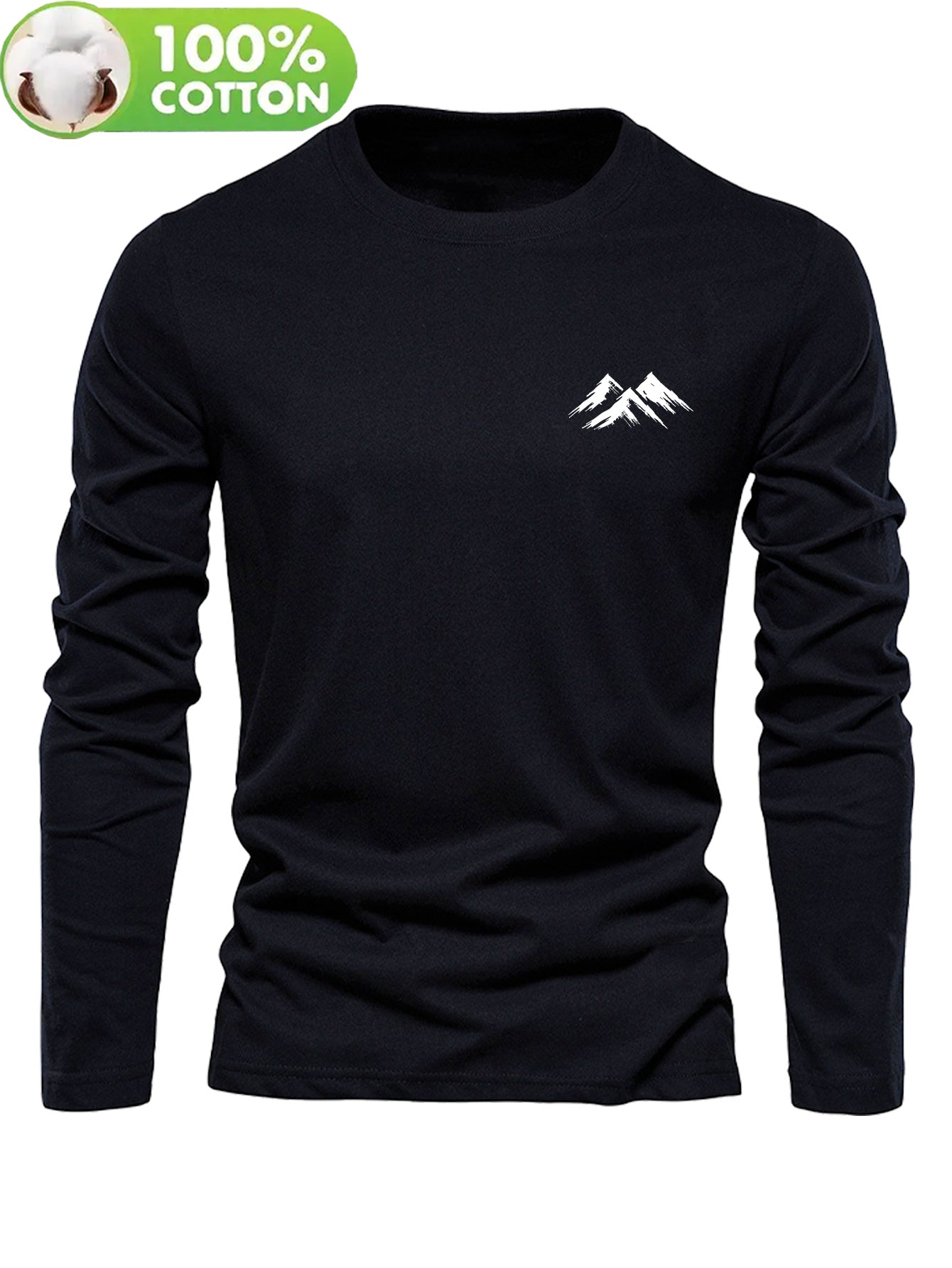 Men's 100% Cotton Long Sleeve T-Shirt with White Mountain Logo Print - Casual Round Neck Pullover, Thick Short-Season Layering Top for & Casual Attire, Spring/Fall Wardrobe Essential (Regular Fit, Hand Washable) - 100% Breath