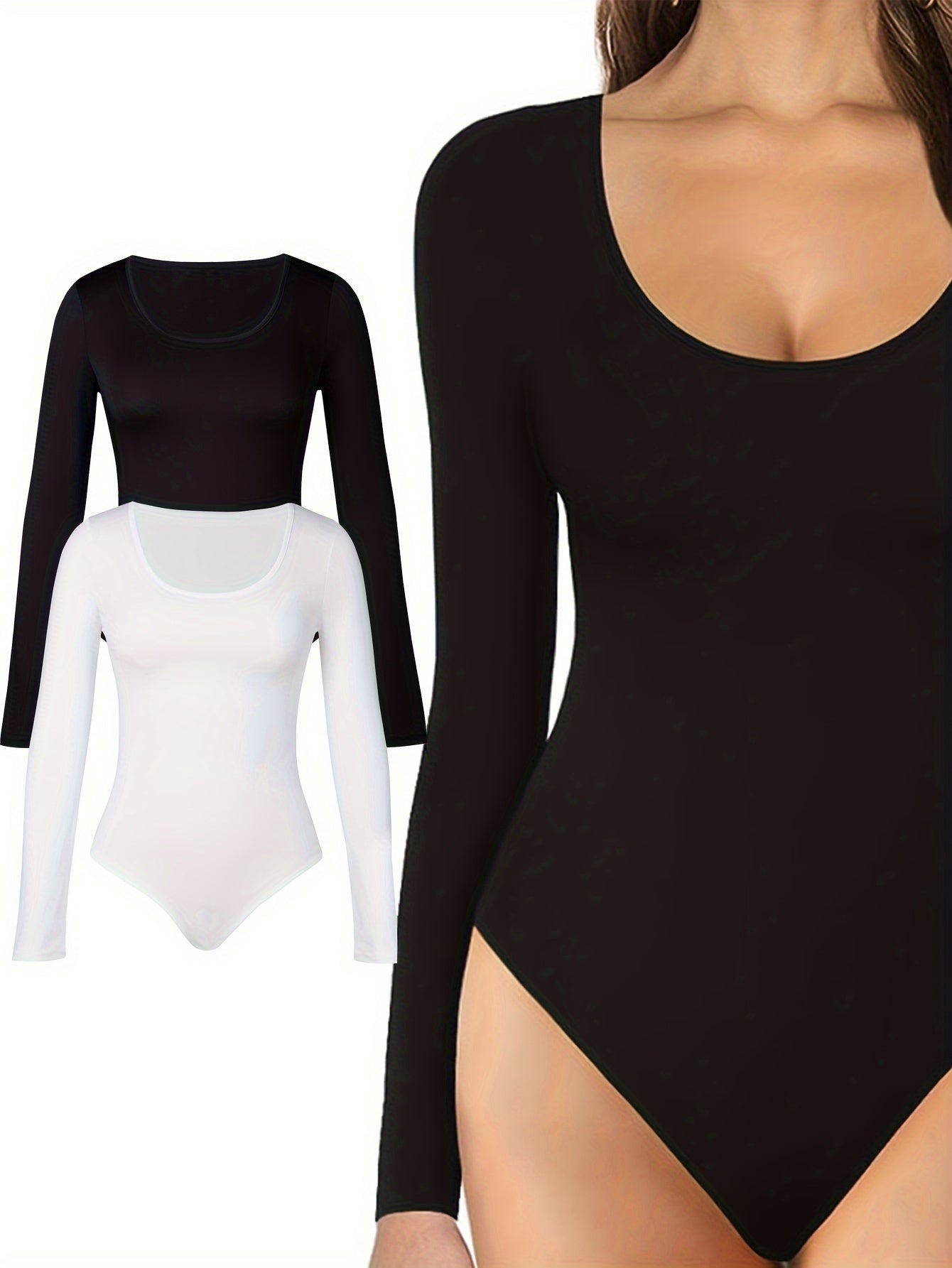 Lot de 2 bodys femme à manches longues couleur unie col rond en tissu tricoté lavable à la main