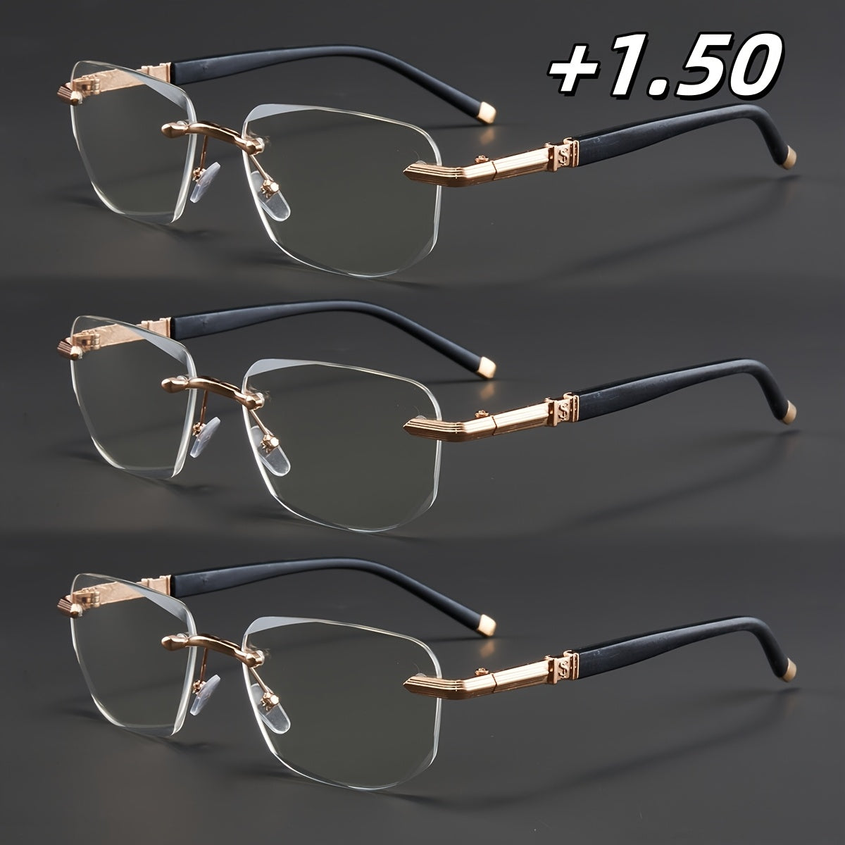 3-Pack, Stylish Men's Frameless Reading Glasses, Elegant Metal Frame, Options: 100, 150, 200, 250, 300, 350, 400 Degrees,christmas Gifts