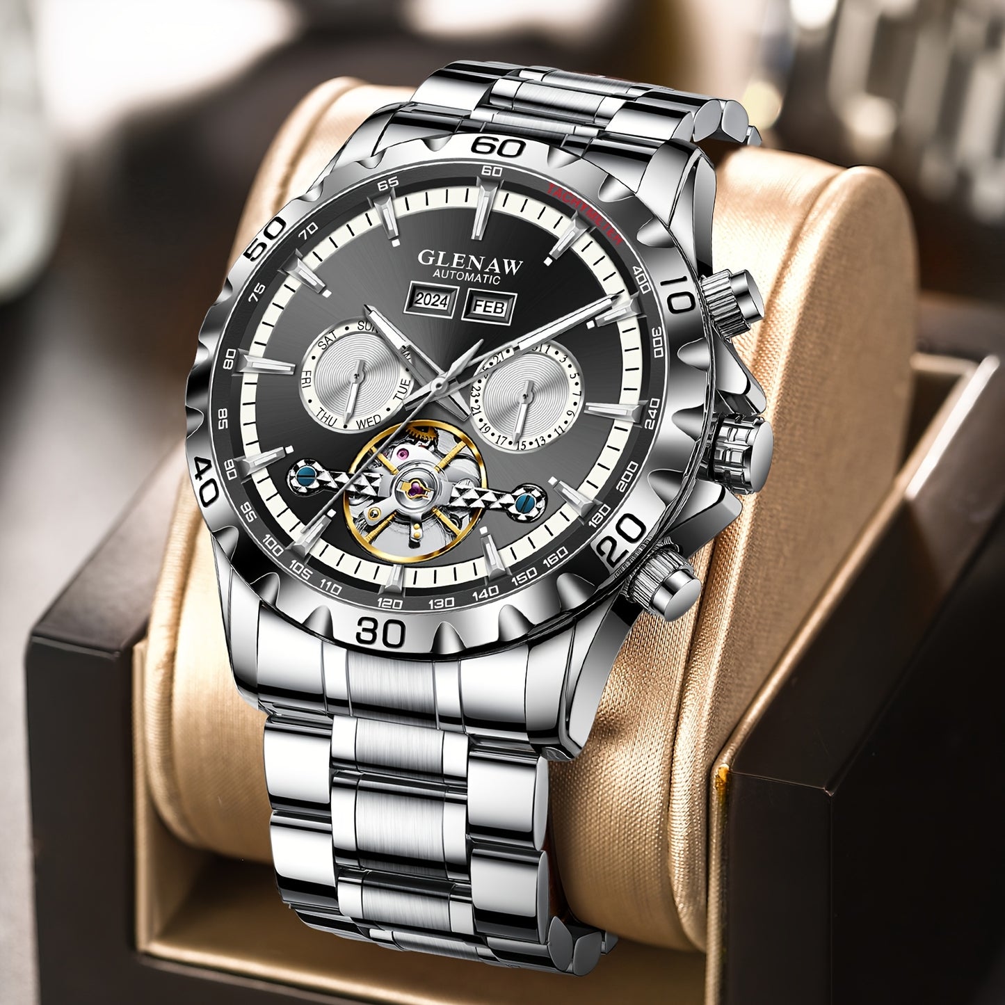 Montre automatique pour homme – Montre multifonctionnelle avec boîtier et bracelet en acier inoxydable, montre mécanique à remontage automatique avec affichage de l’année, du mois, du jour et de la semaine