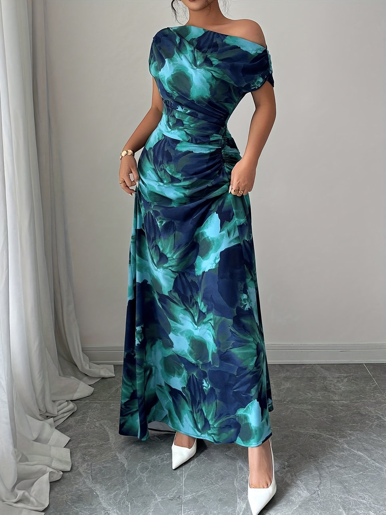 Spring/Summer Women's Dress, Elegant Off-Shoulder Waist-Cinching Business Cocktail Dress, Blue-Green Ink Wash Print Long Dress for Women WJ496