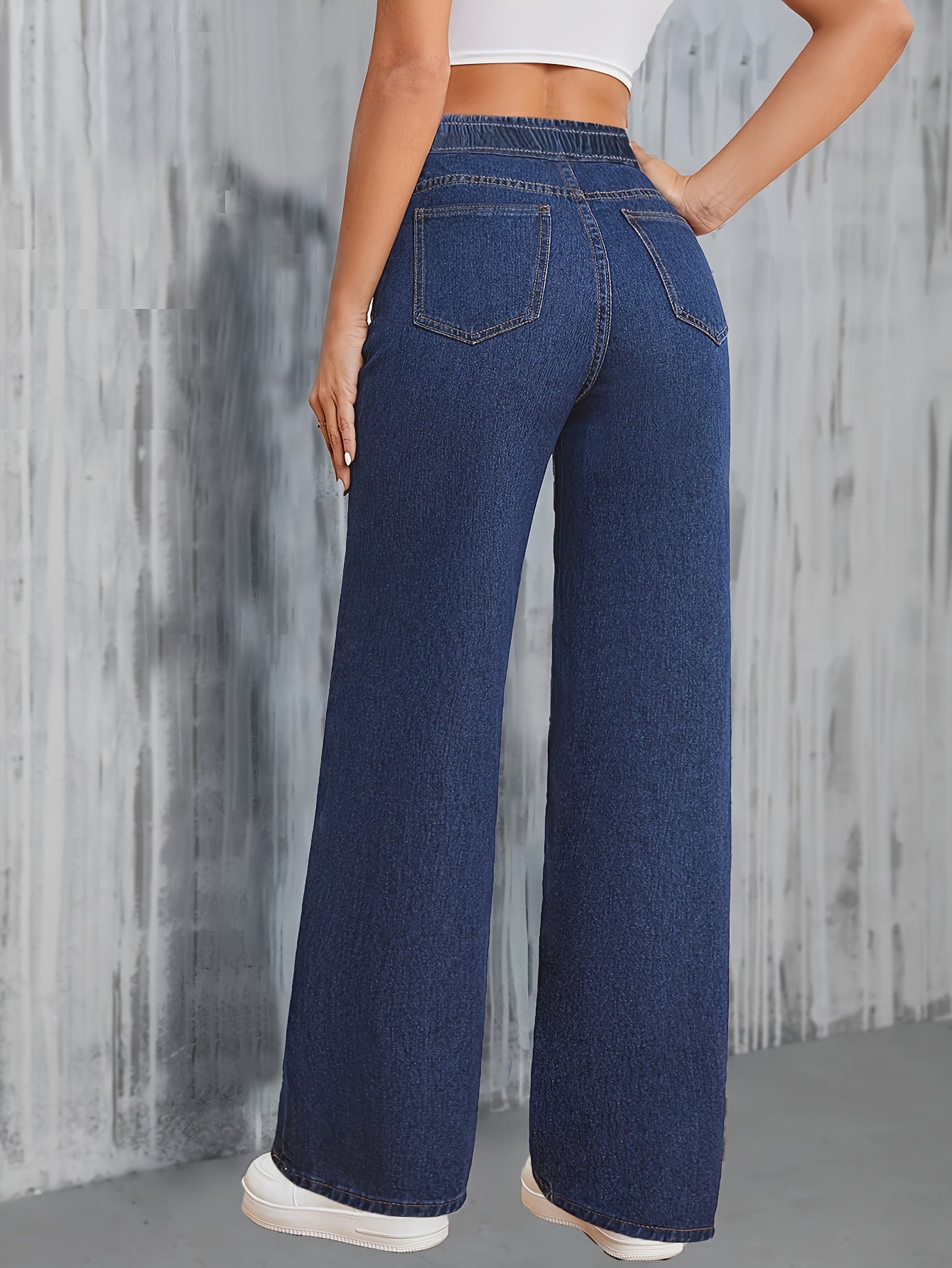 Jeans Femme Taille Haute – Jambe Droite Extensible, Bleu Effet Usé, Tous Saisons, Bureau et Décontracté