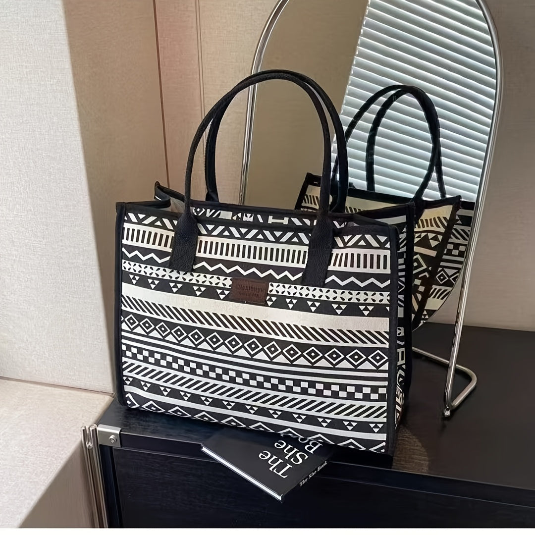 Sac Cabas en Toile Géométrique d’Inspiration Vintage pour Femmes – Grande Capacité, Portable avec Fermeture Éclair, Lavable à la Main, Design Stylé et Motifs, Sac Cabas Quotidien | Design Vintage | Fermeture Éclair, Sac Cabas