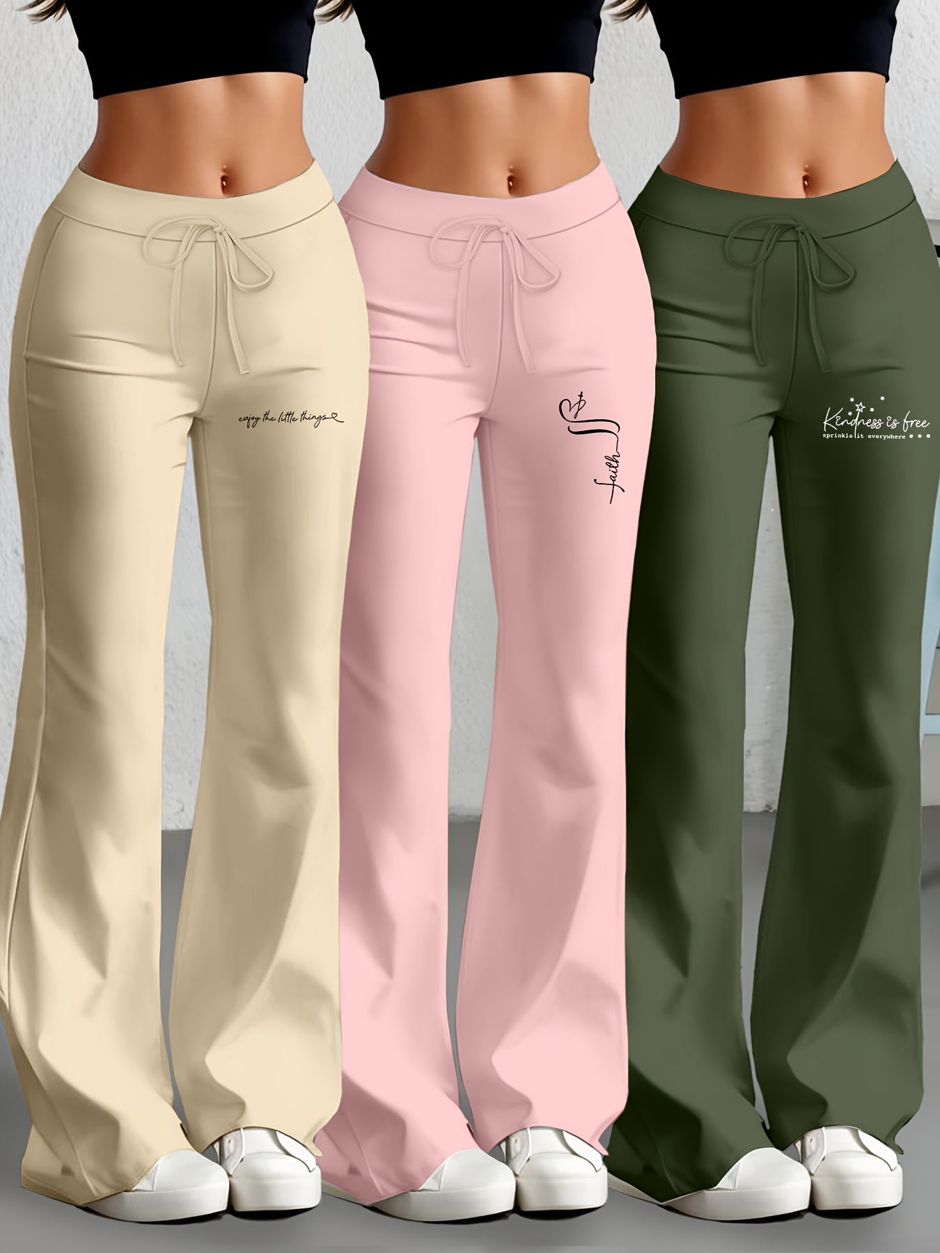 Lot de 3 Pantalons Femme Européens et Américains – Jambe Droite Évasée avec Texte Anglais Classique