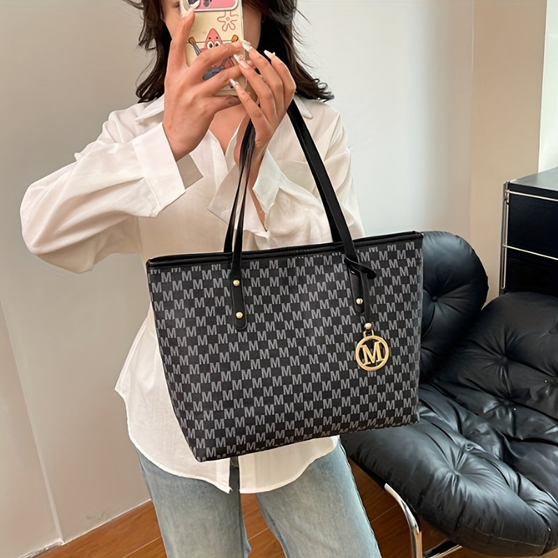 Sac à Main Femme Grande Capacité Luxe – Quincaillerie Dorée, Logo Lettre « M » et Motif Géométrique, Sac Élégant Blanc/Beige/Noir/Beige Clair, Structure Robuste, Fermeture Éclair Sécurisée, Quincaillerie Dorée