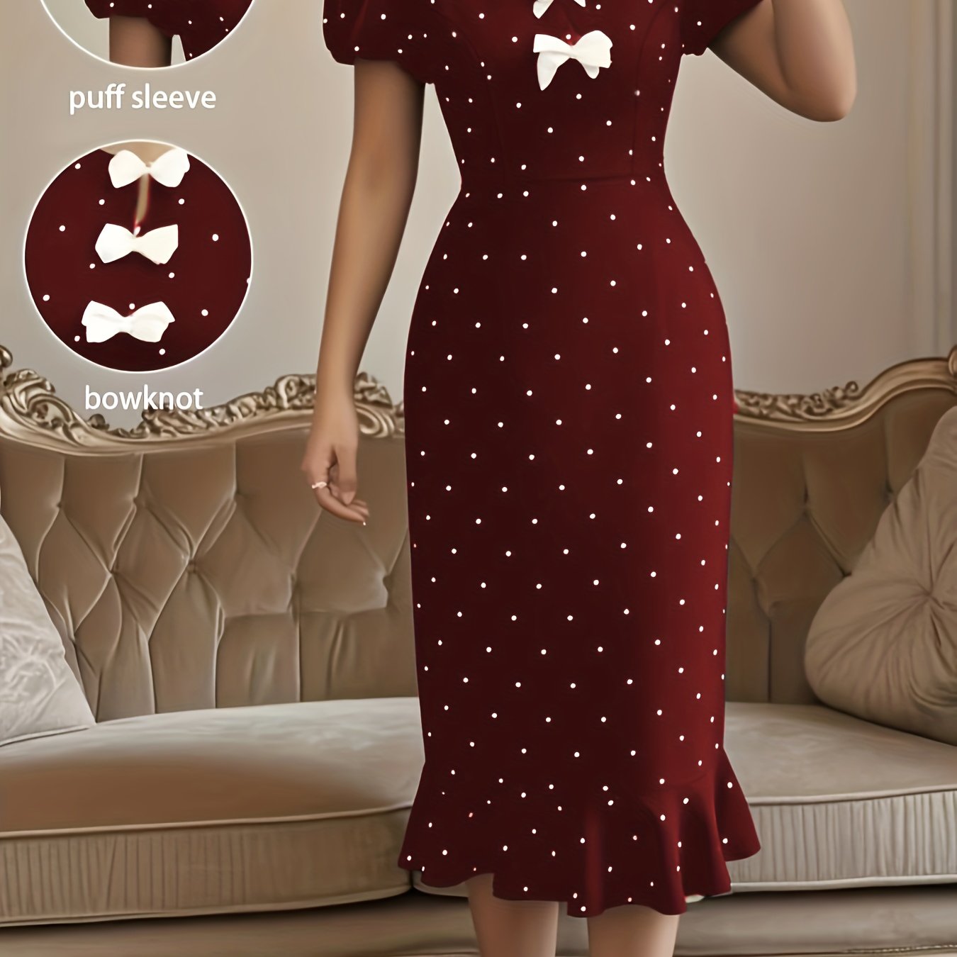 The Elegant Dress with Lantern Sleeves, a Bow, And Ruffled Polka Dot Print Is Perfect for Spring And Summer.