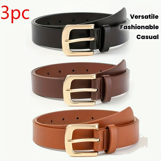 Lot de 3 ceintures larges pour femmes – Boucle à ardillon carrée, boucles en alliage réglables, noir/marron/blanc, tailles grande et standard, polyvalentes pour tenue décontractée