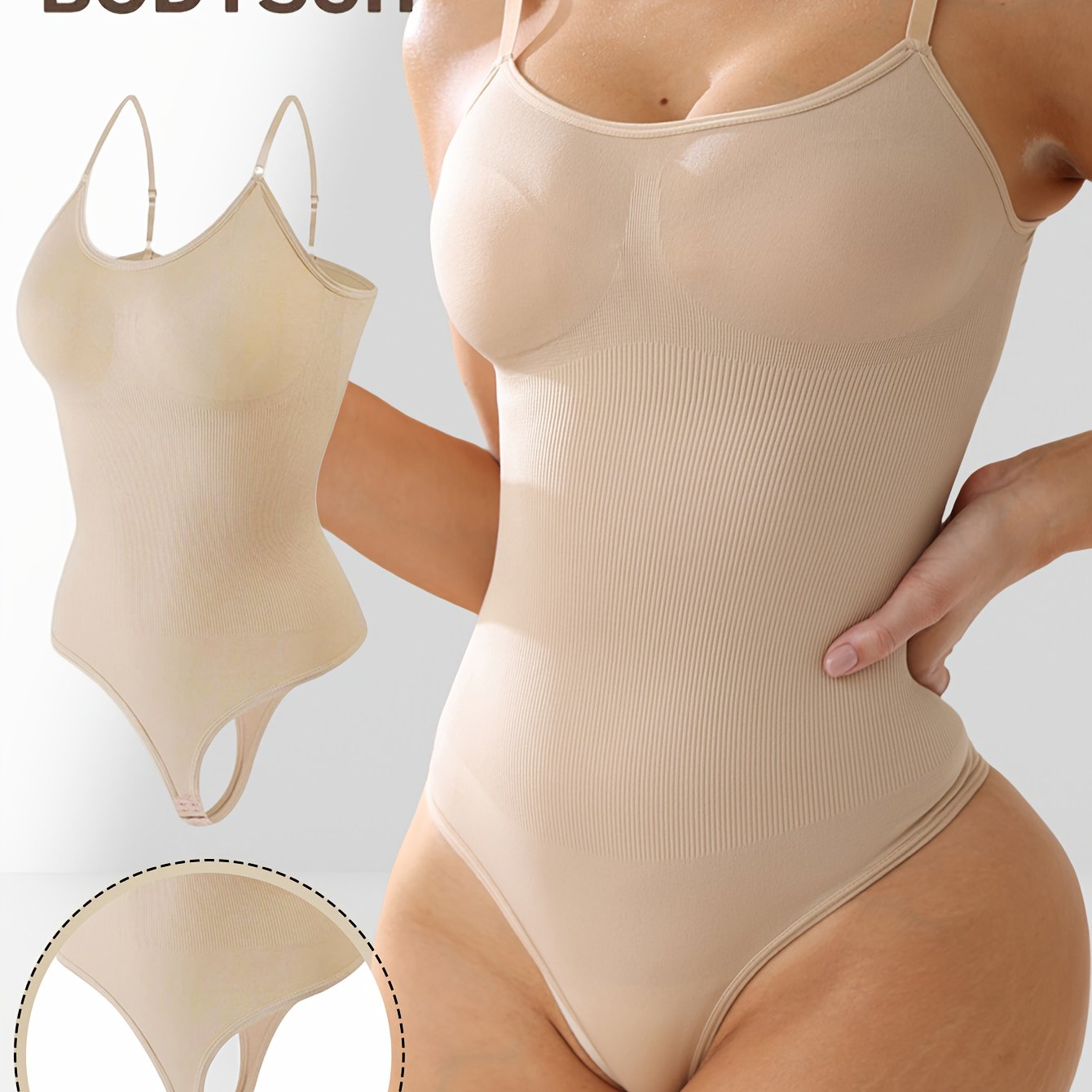Body femme élégant couleur unie, dos nu, maintien élevé avec contrôle du ventre et effet amincissant, mélange nylon-élasthanne, parfait pour tenue décontractée