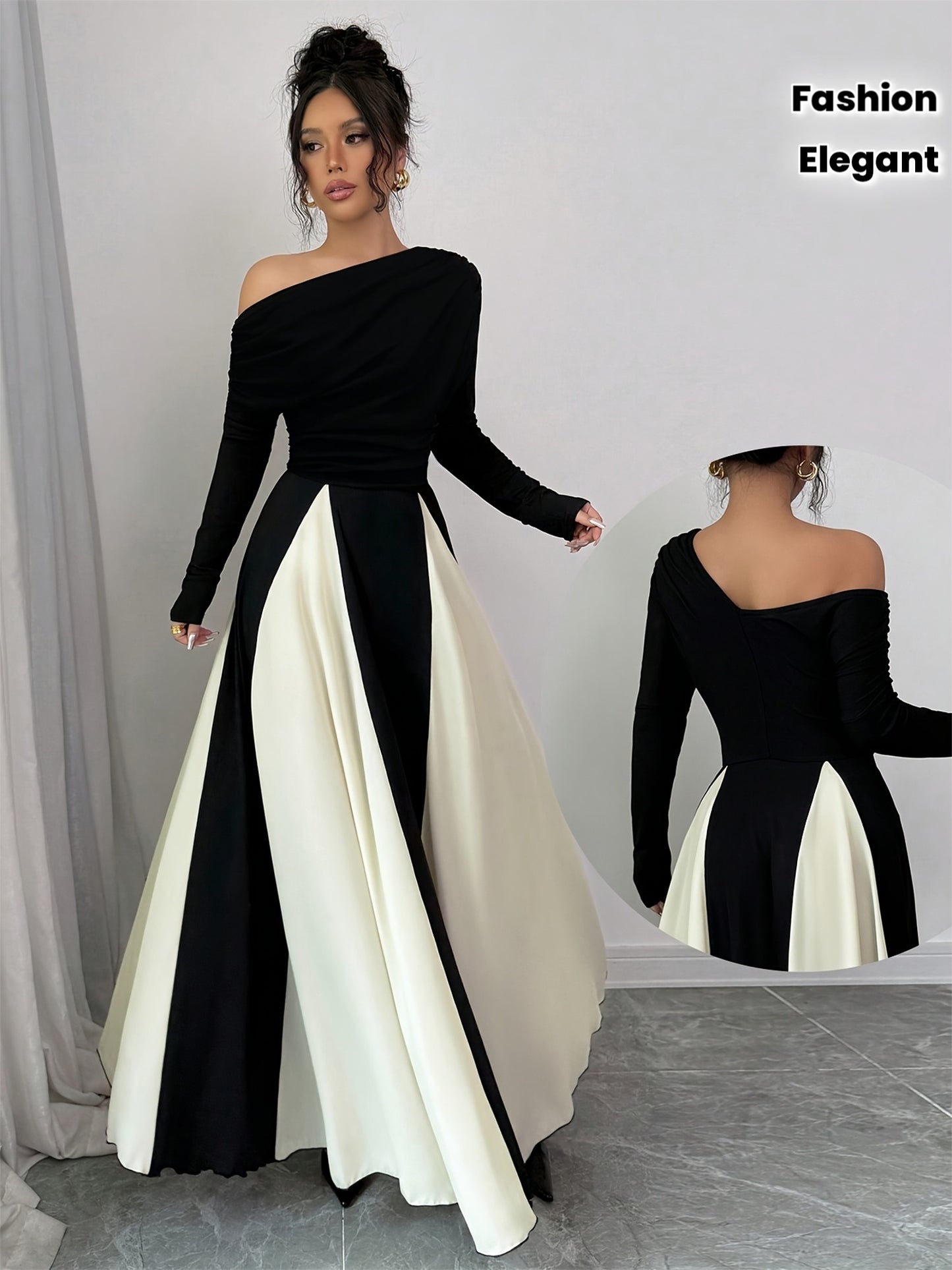 A Stylish And Elegant Long-Sleeve Dress with a Slanted Shoulder, Featuring Fine Ribbing, a Fitted Waist, And a Flared Hem, Perfect for Autumn And Winter.