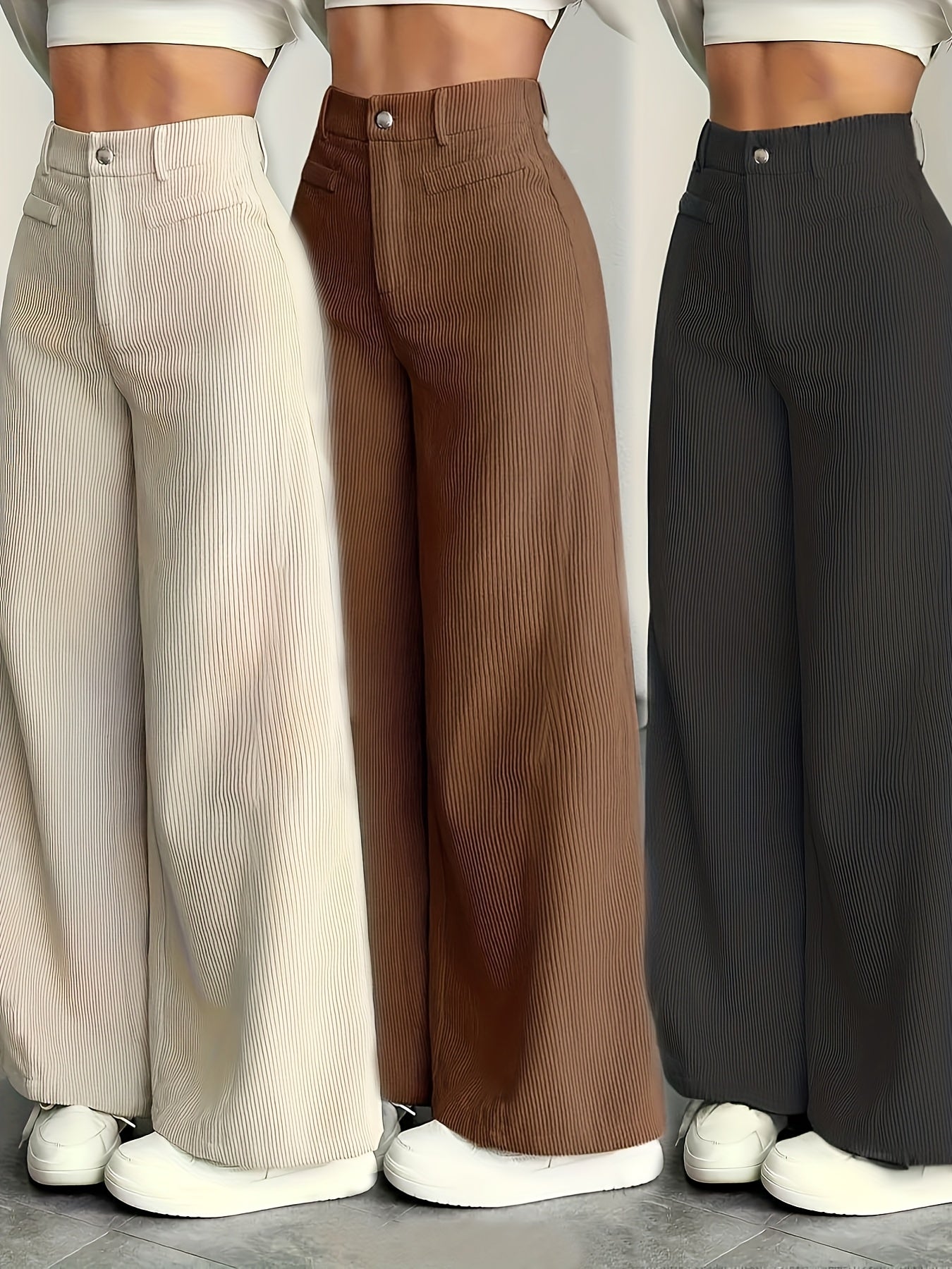 Ensemble trois pièces beige pour femme : pantalon taille haute à jambes larges en velours côtelé