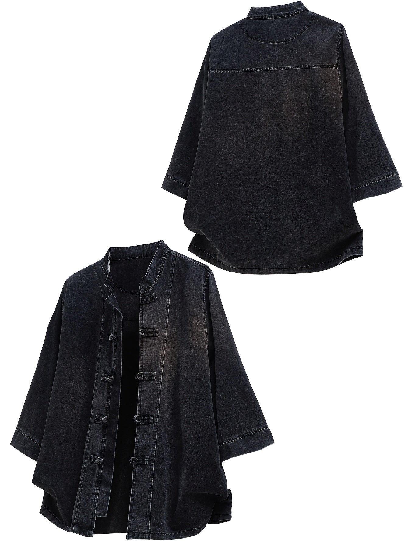 Xingmengzhi OBM Men's Denim Shirt, Loose-Fit Seven-Quarter Sleeve New Chinese Style Button-Up Top, Slim Stand Collar Denim Cardigan Lightweight Jacket