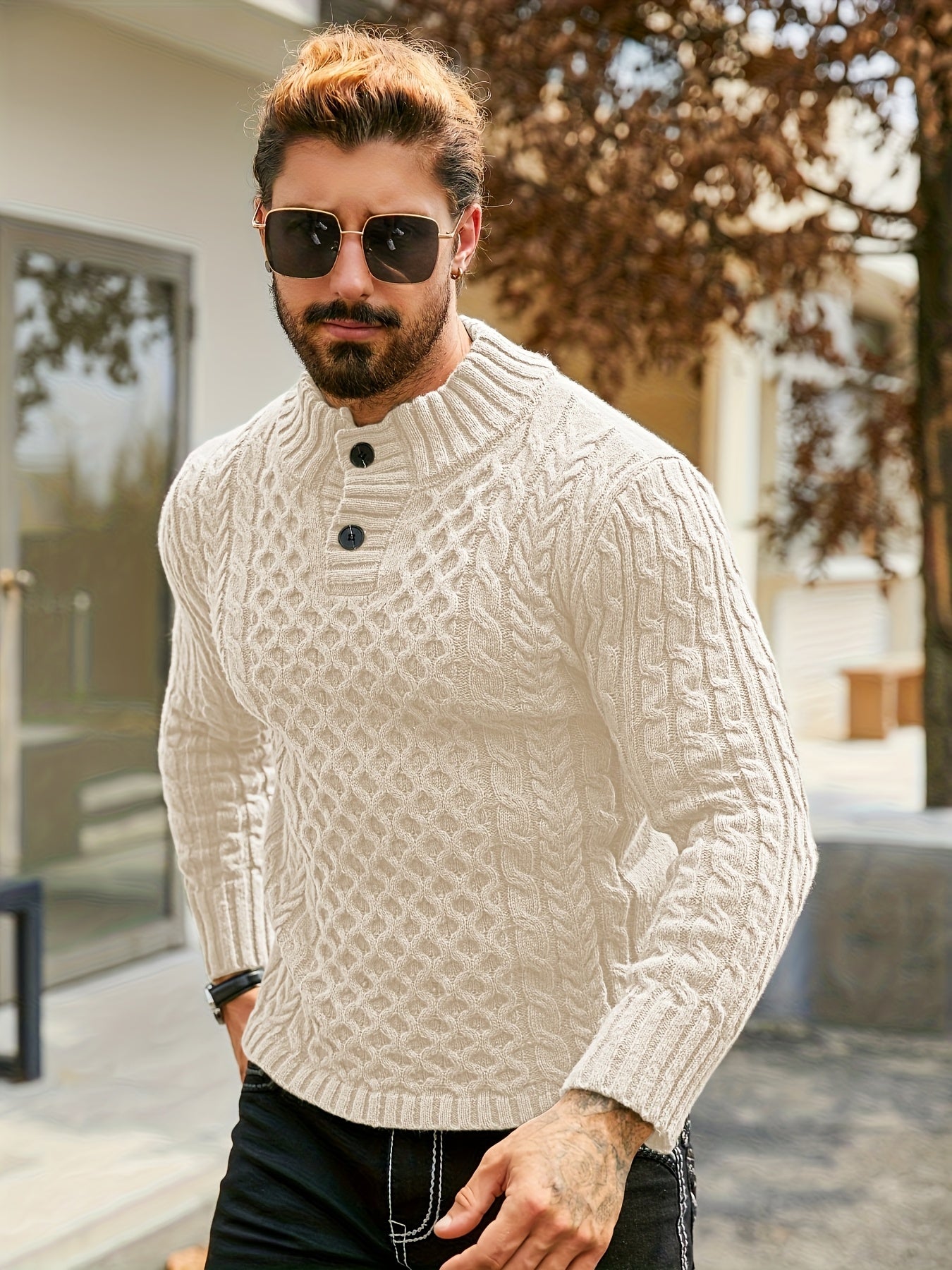 Men's Thermal Stand Collar Cable Knit Sweater - Striped H-Shape Regular Fit Pullover, Machine Washable Winter Sweater with Ribbed Detailing for Autumn & Winter, Knit Sweater, Medium Elasticity Fabric