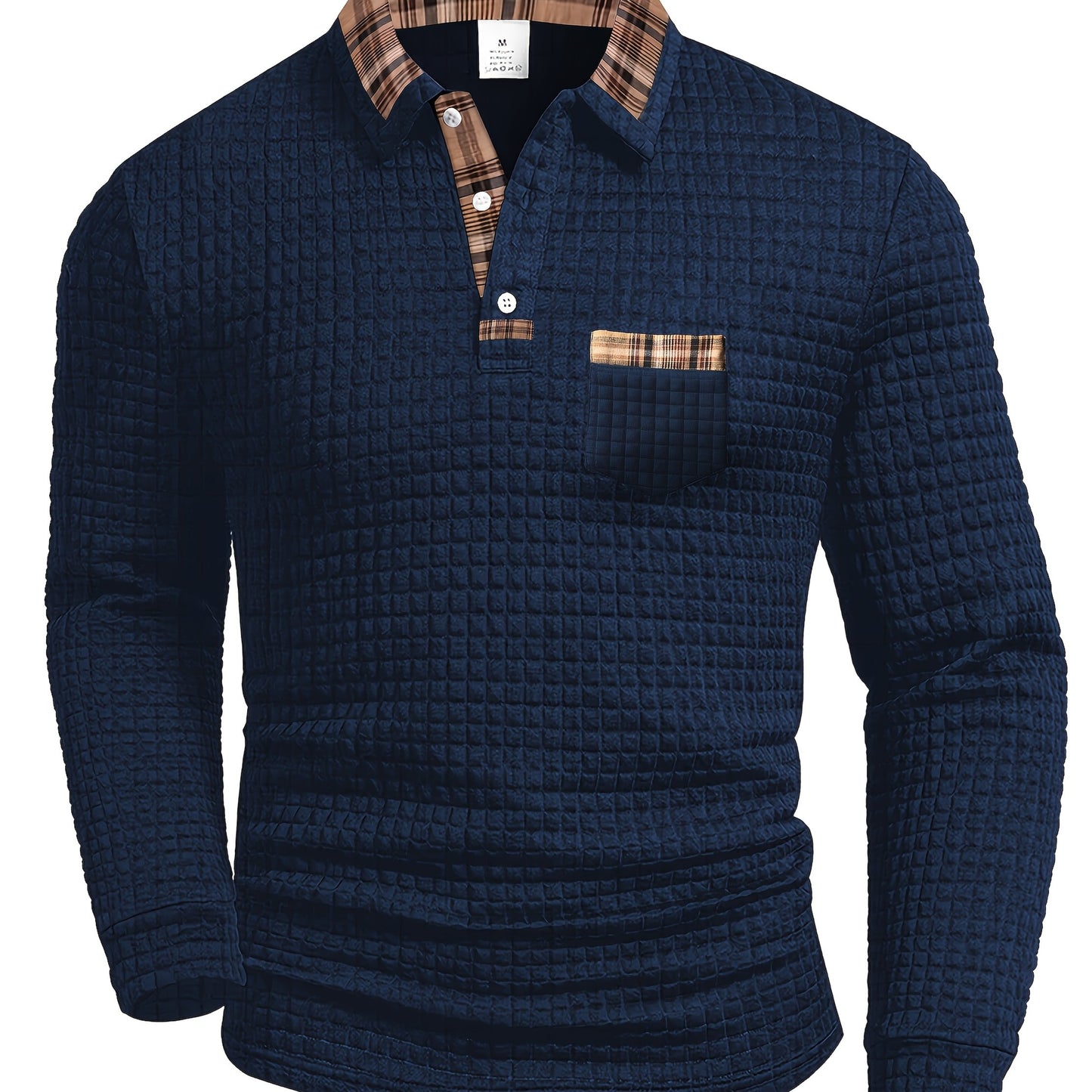 Men'S Casual Warm Long Sleeve Polo Shirt - Gray with Brown & White Plaid Collar, Button-Up Front, Textured Waffle Weave, Perfect for Fall, Casual Wear|Plaid Pattern Shirt|Buttonup Collar Shirt
