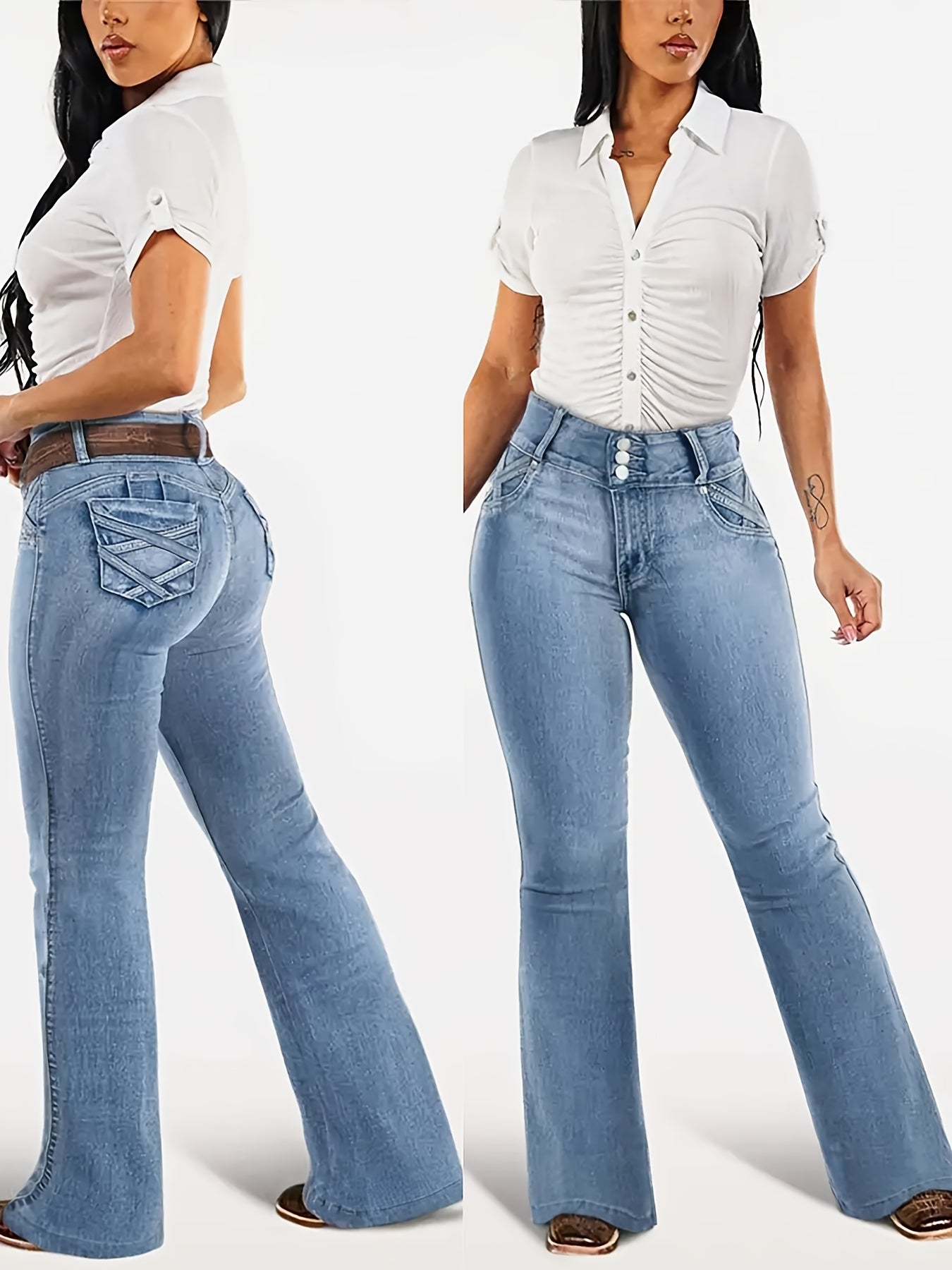 Jean évasé taille haute pour femme - Pantalon bleu délavé avec passants de ceinture et fermeture éclair, coupe slim gainante