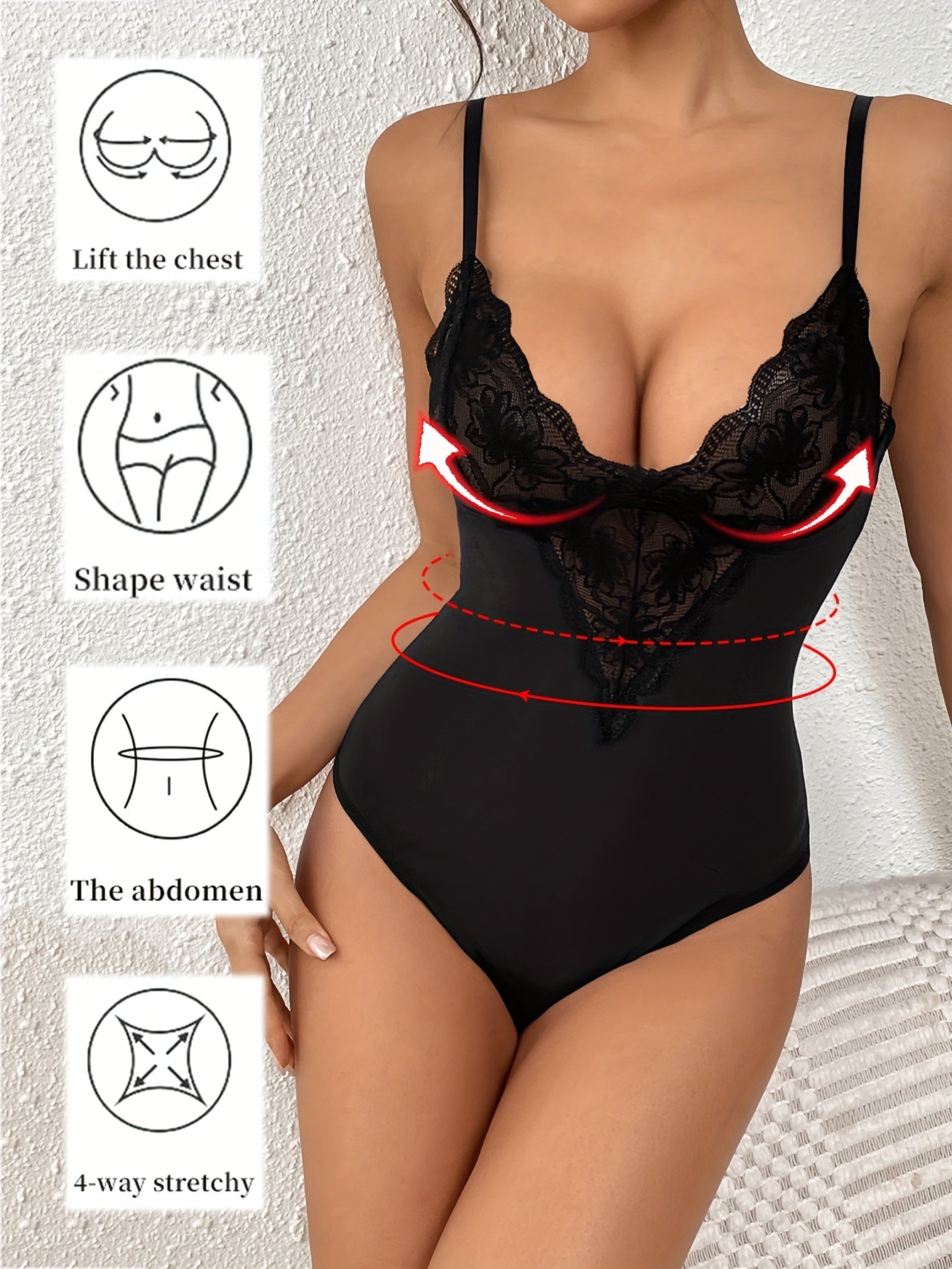 Body sexy femme en dentelle avec décolleté profond en V, détails ajourés et bretelles réglables. Fermeture à boutons-pression pour un confort optimal. Lingerie élégante et galbante, disponible aussi en grande taille