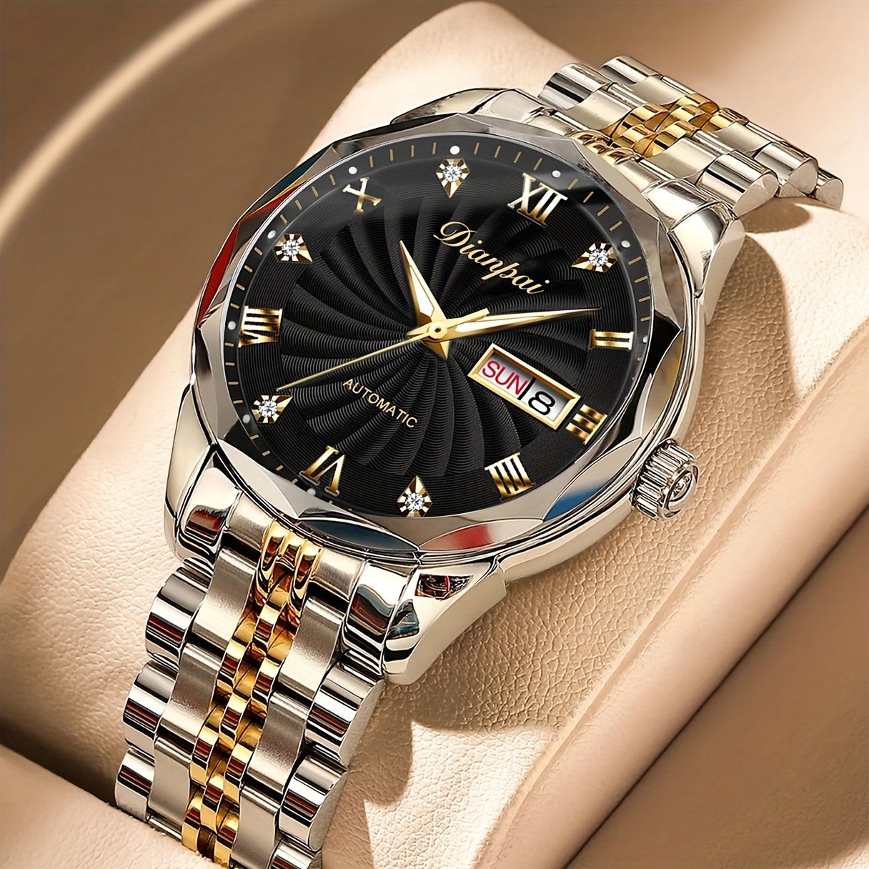 Men's Automatic Mechanical Watch with Luminous Dial, Waterproof, Roman Numerals & Date/Day Display, Golden-Tone Steel Band, Accents - Fashionable Dress Watch for Everyday & Formal Wear, Bling Watch, Formal Timepiece B