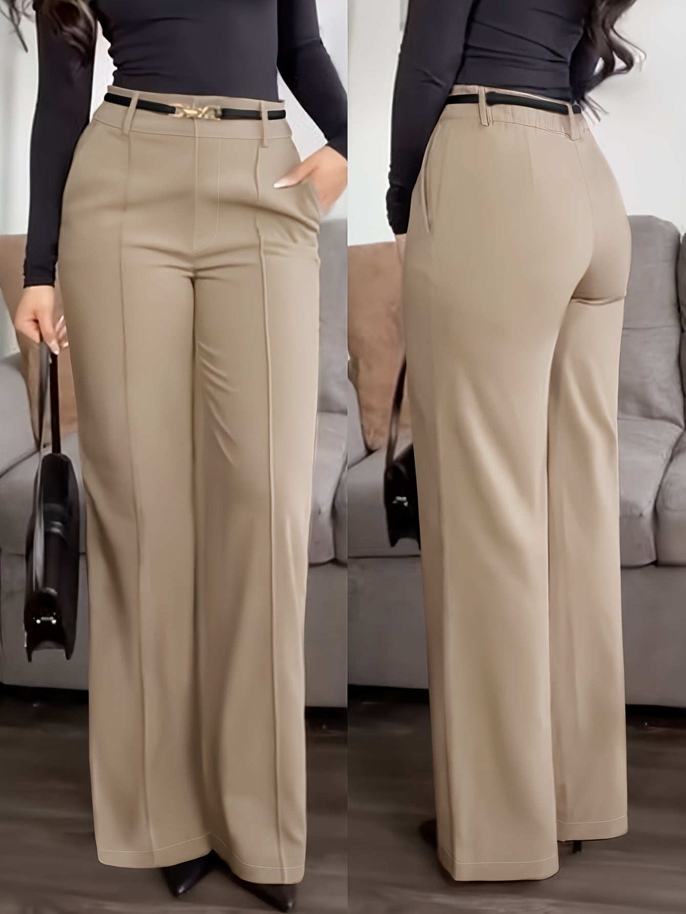 Pantalon Femme Élégant Jambe Large avec Ceinture – Style Bureau et Décontracté