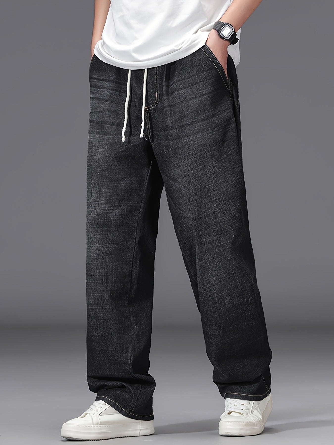 Jeans grande taille pour homme – bleu clair, coupe droite ample, taille élastique, style décontracté, confortable et stylé