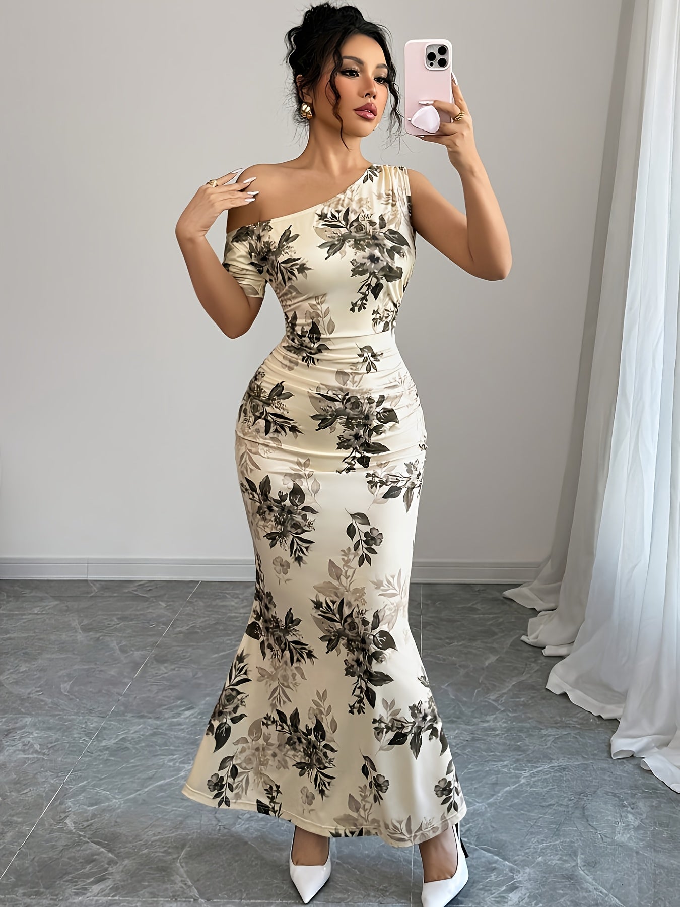 Women's Floral Print Asymmetrical Shoulder Ruffle Design Mermaid Hem Elegant and Delicate Party Date Dress