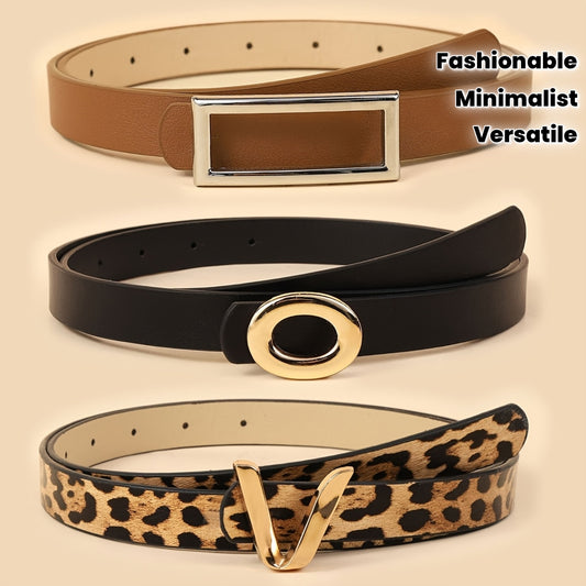 Lot de 3 ceintures pour femmes – Style bohème minimaliste et élégant avec boucles dorées, options marron, noir et imprimé léopard, pour tenue décontractée, bureau et soirée, accessoire de mode polyvalent, ceintures tendance et durables