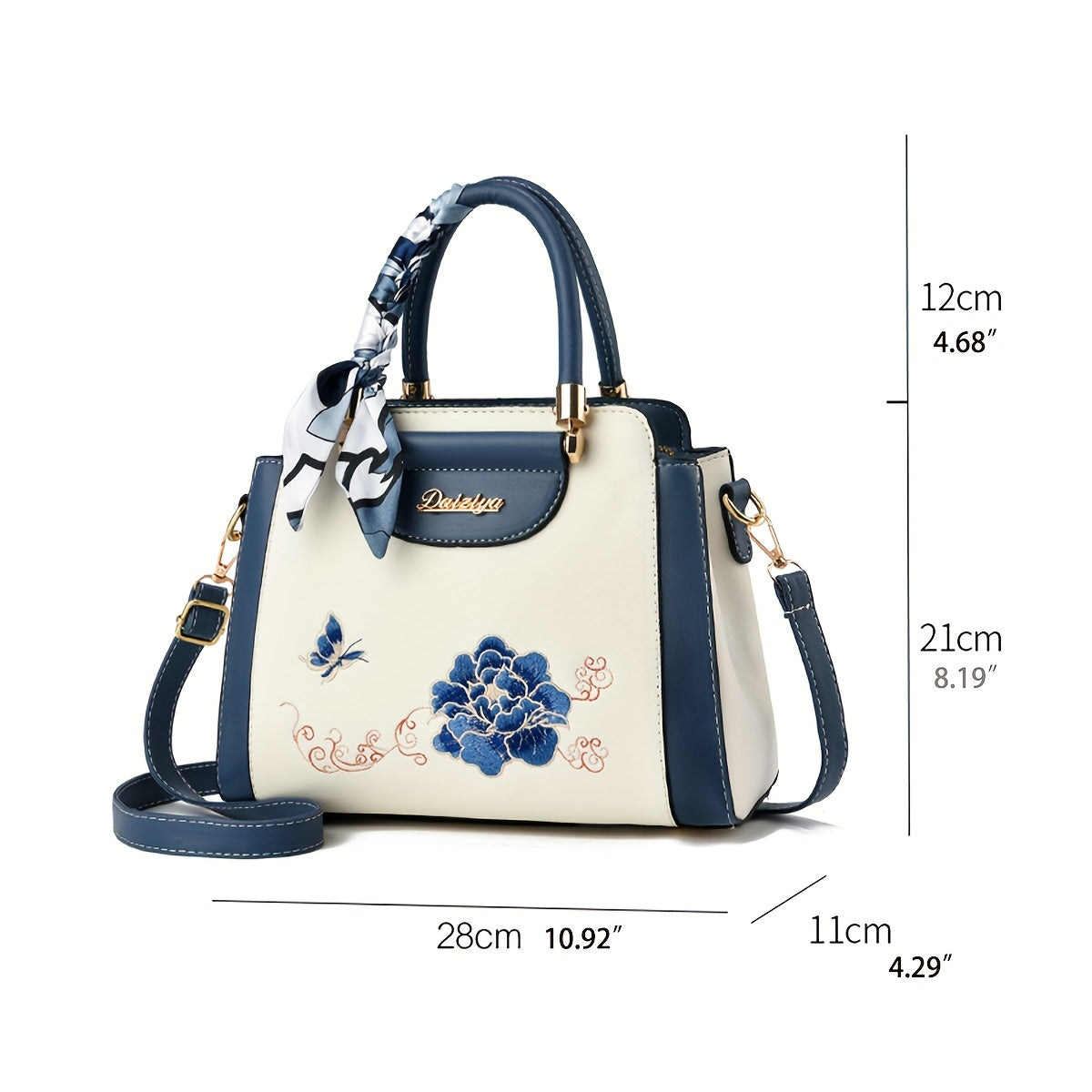 Sac à main pour femmes – broderie florale, bandoulière réglable, fermeture zippée, bleu marine et blanc, parfait pour travail, voyage ou cadeau fête des mères, doublure polyester, avec écharpe décorative