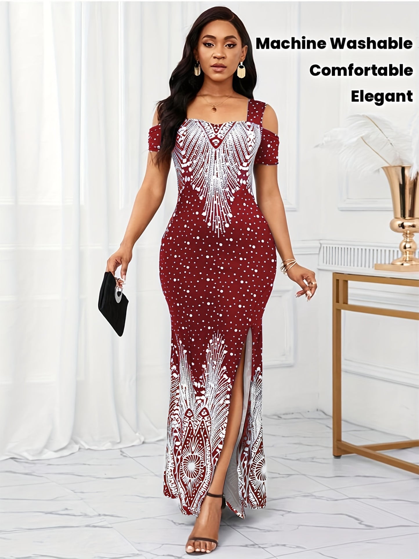 Women's Elegant Paisley Print Square Neck Off-Shoulder Evening Dress - Short Sleeve Bodycon Mermaid with Side Slit & Waist Accent, Machine Washable Summer Formal Party Wear, Evening Event Attire, Stretchy Fabric Gown, Comfort