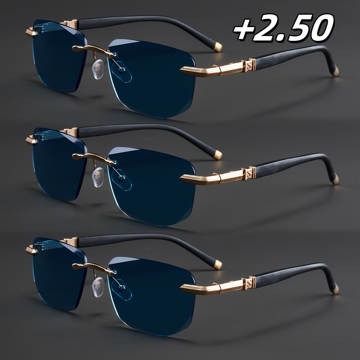 3-Pack, Stylish Men's Frameless Reading Glasses, Elegant Metal Frame, Options: 100, 150, 200, 250, 300, 350, 400 Degrees,christmas Gifts