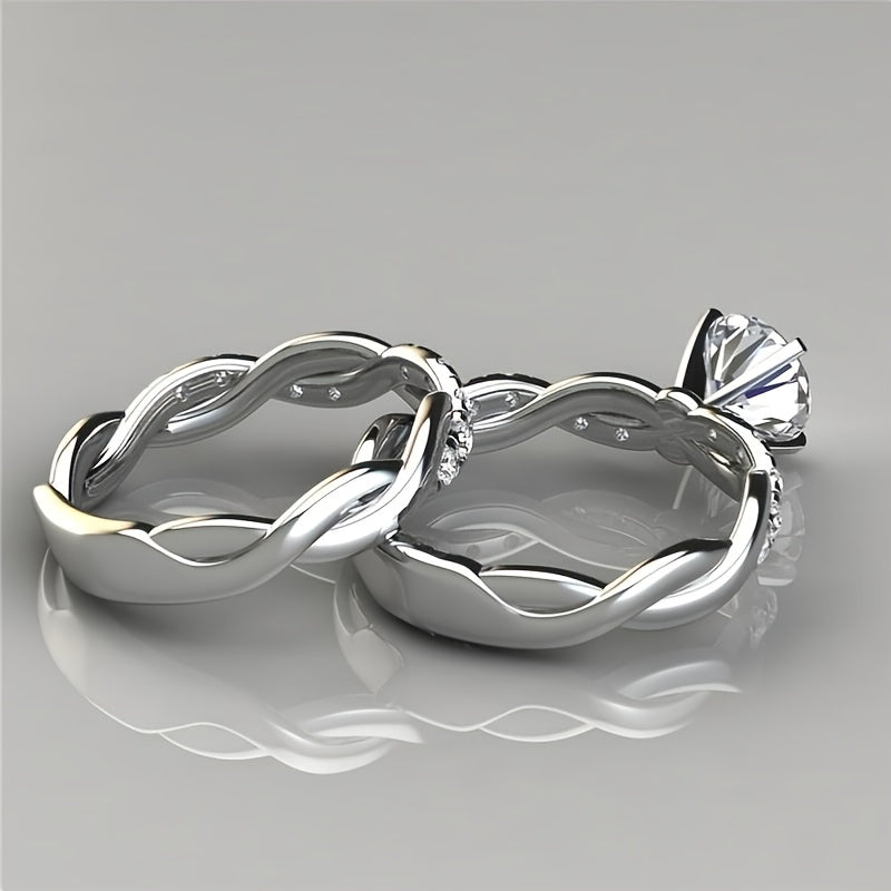 Women's Elegant Twist Round Cut White Synthetic Zirconia Wedding Band & Engagement Ring - Golden Color Twisted Rope Bridal, Size 7, Anniversary & Valentine's Gift, Synthetic Gemstone Ring for Year-Round Wear